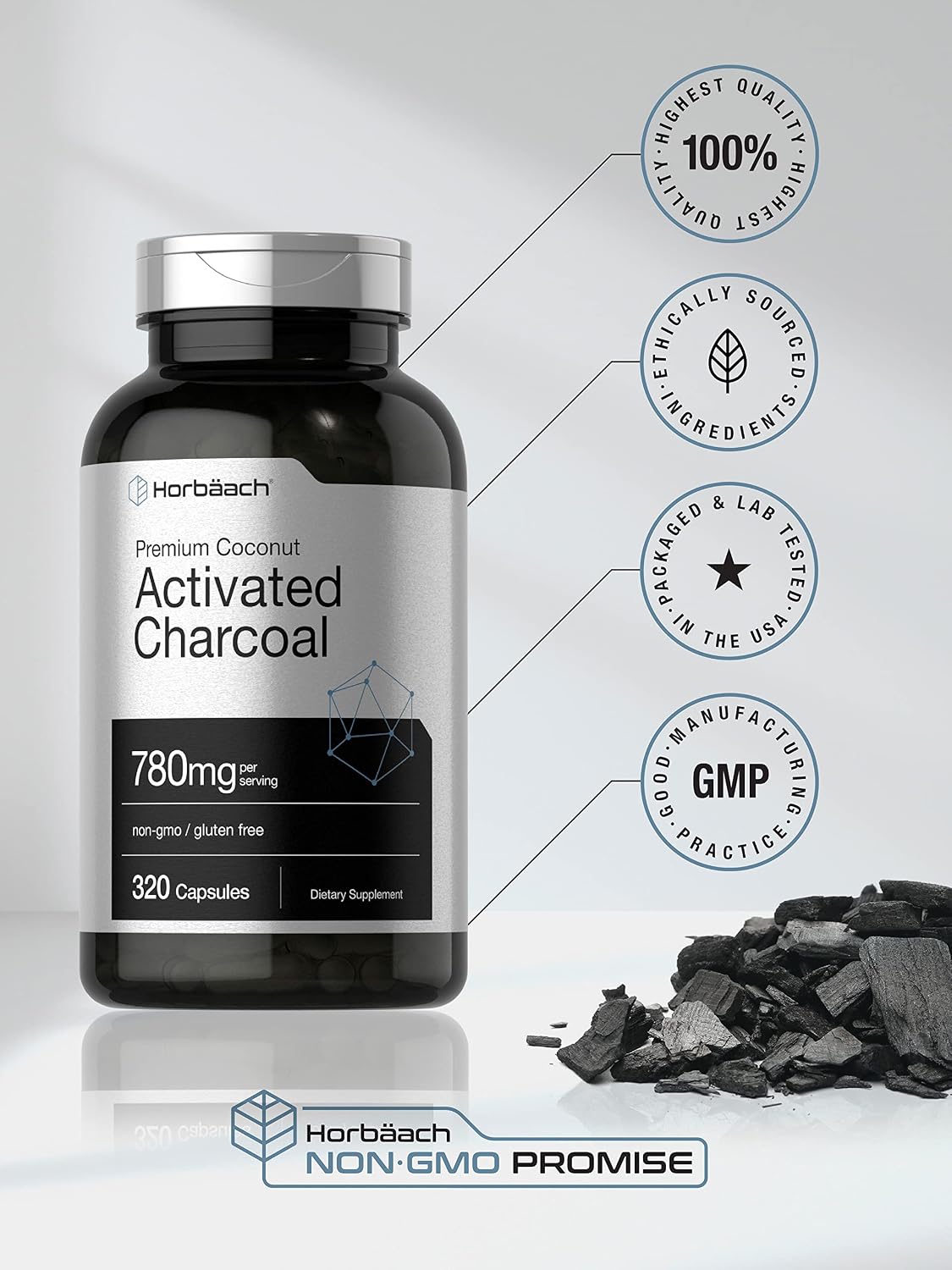 Charcoal Pills 780mg | 320 Capsules | Activated Charcoal from Coconut Shells | Non-GMO and Gluten Free Pills | by Horbaach