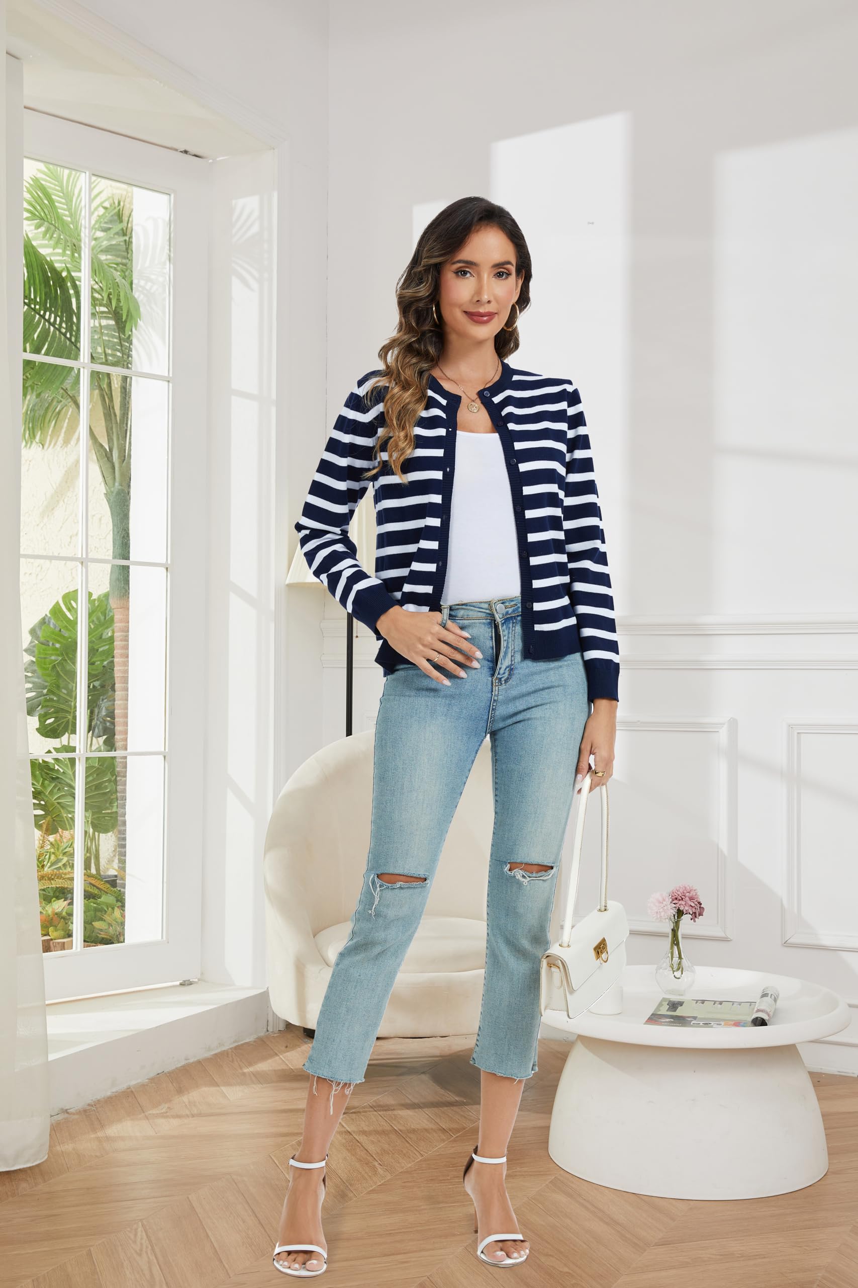 CUNYI Cardigan Donna Maglia con Bottoni Girocollo Classico Manica Lunga Giacca Cappotto Elegante, Blu Navy e Bianco S
