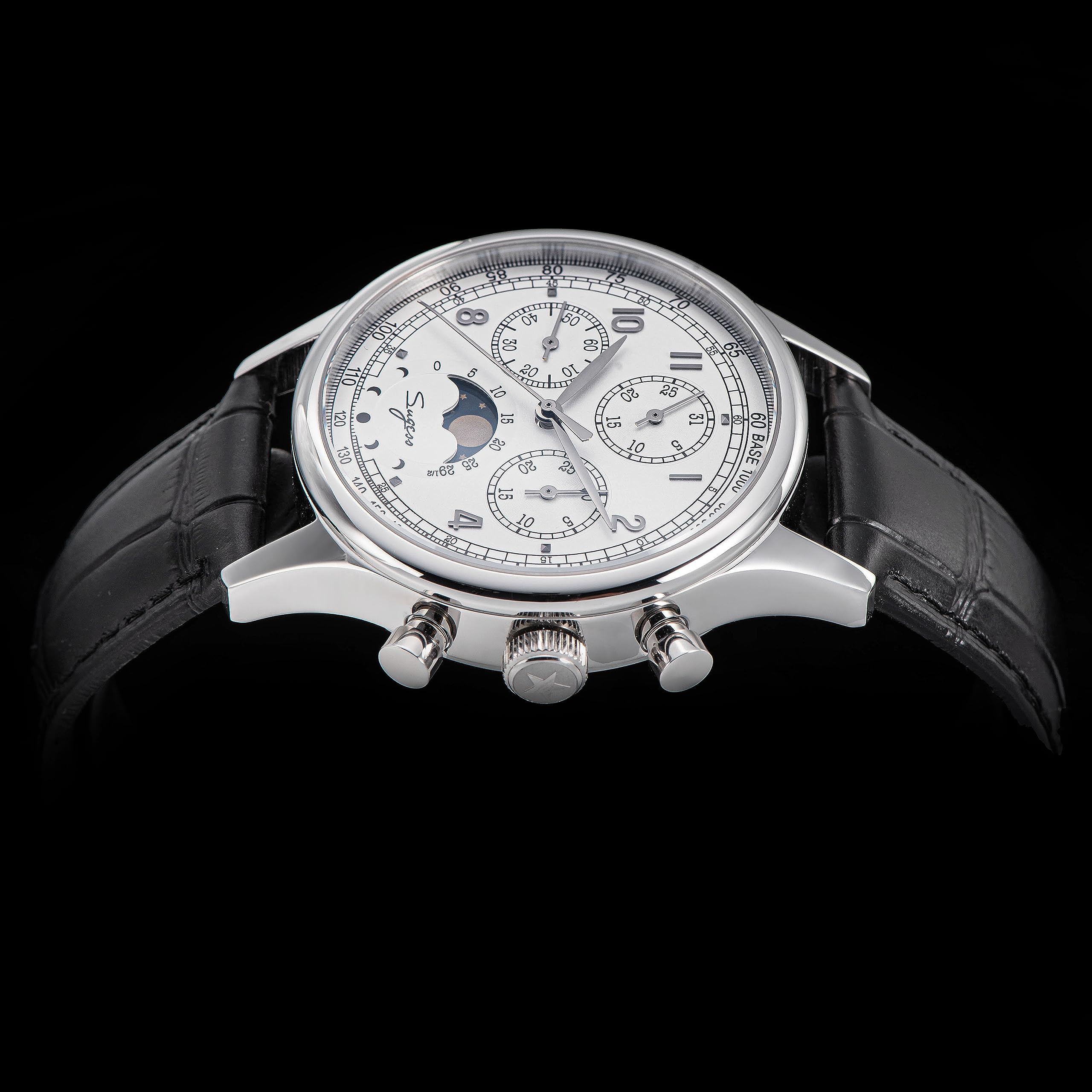 S389-2.01 MoonPhase Master Gold Schwanenhals Version Möwe ST1908 Uhrwerk Saphirglas Herren Chronograph Mechanische Herrenuhr 1963, weiß, Armband