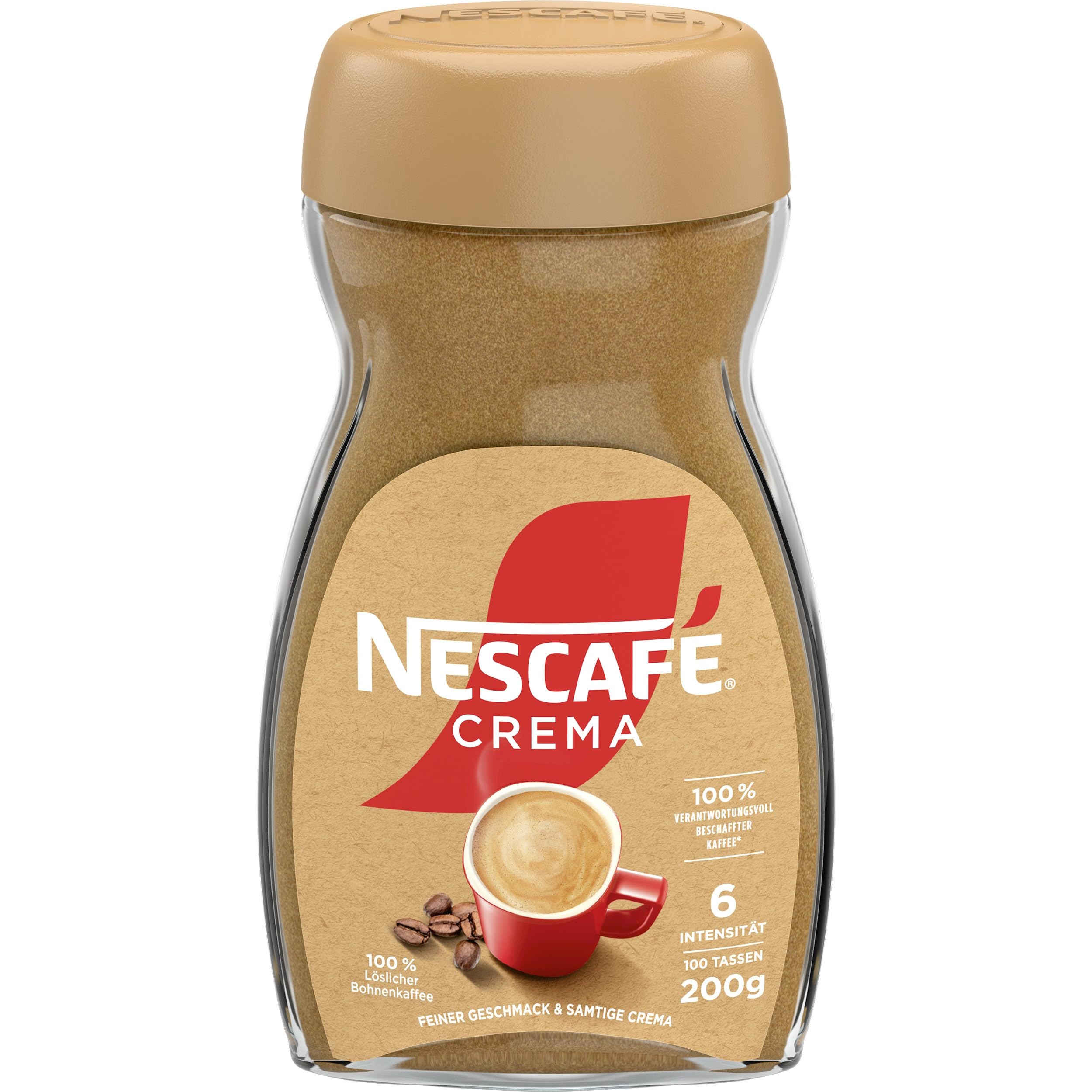 NESCAFÉ CLASSIC Crema, löslicher Bohnenkaffee aus mitteldunkel gerösteten Kaffeebohnen, kräftiger Instant-Kaffee mit samtiger Crema, koffeinhaltig, 6er Pack