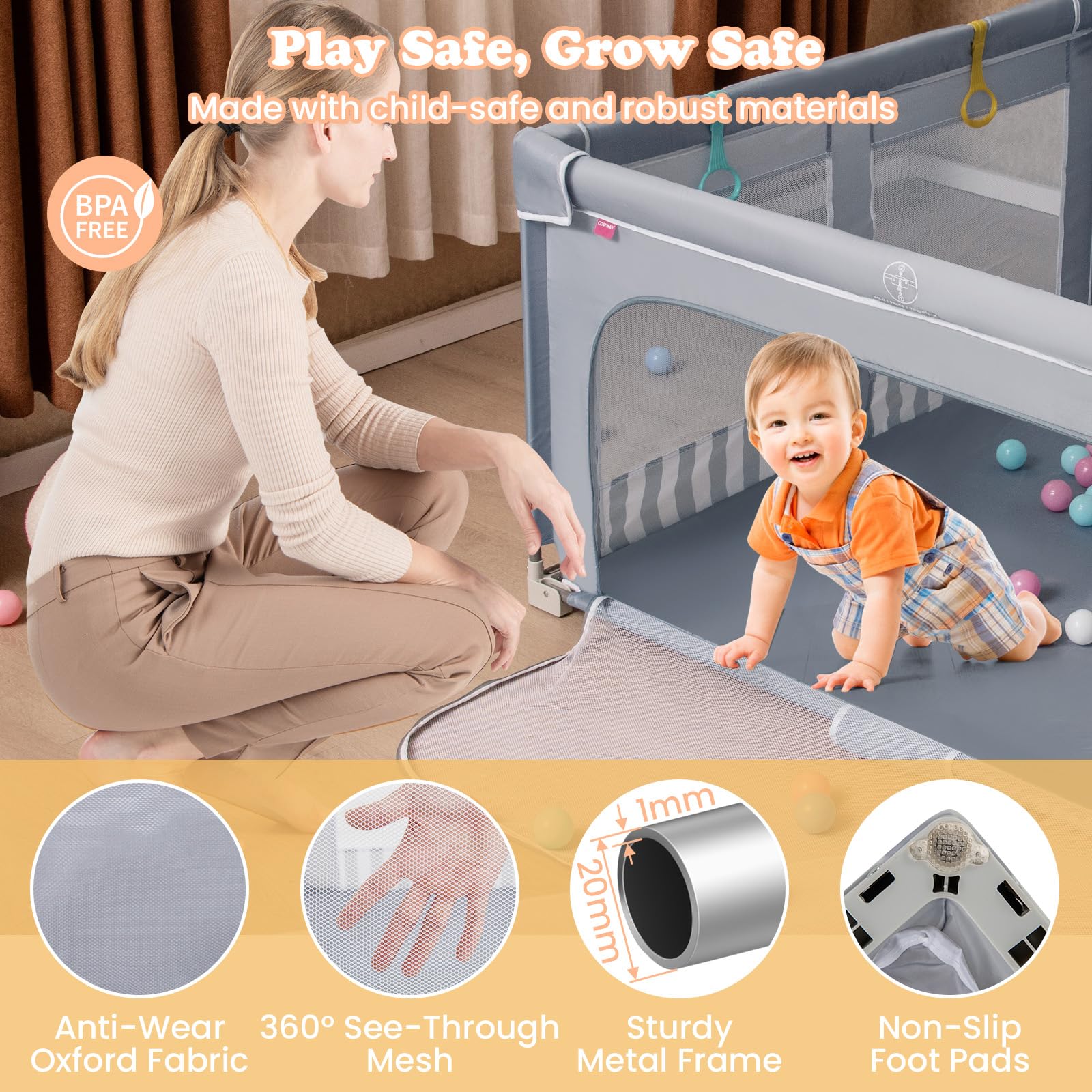 LIFEZEAL Parc Bébé Pliable avec 4 Anneaux, 50 Boules, Porte à Fermeture éclair, Sac de Rangement, Aire de Jeu Bebe en Tissu Oxford, Centre d'activité Enfant 0-3 ans (Gris, 150 x 150 x 76,5 cm)