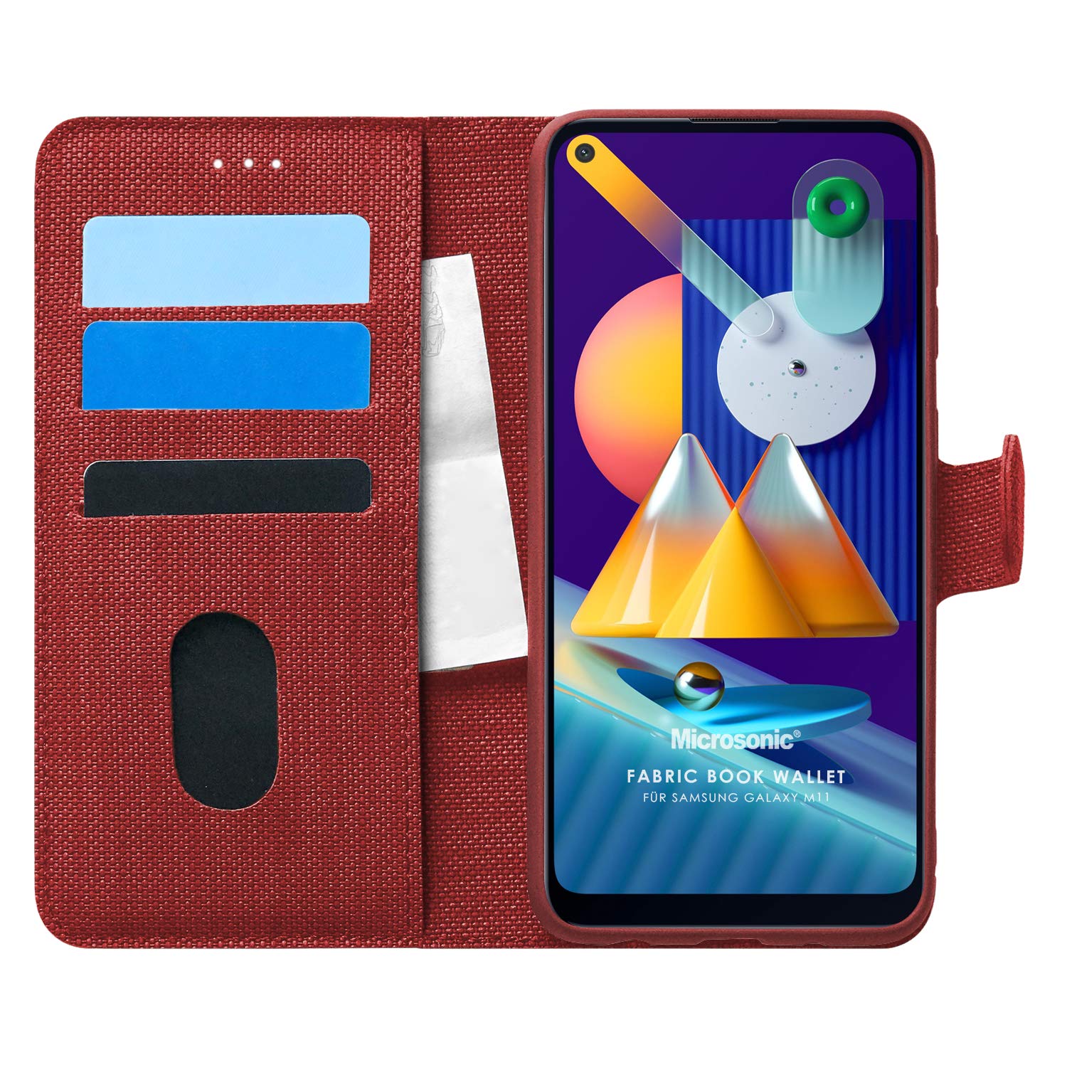 Microsonic Samsung Galaxy M11 için Kılıf Fabric Book Wallet Kırmızı [Galaxy M11 ile Uyumlu Kılıf - Kırmızı]