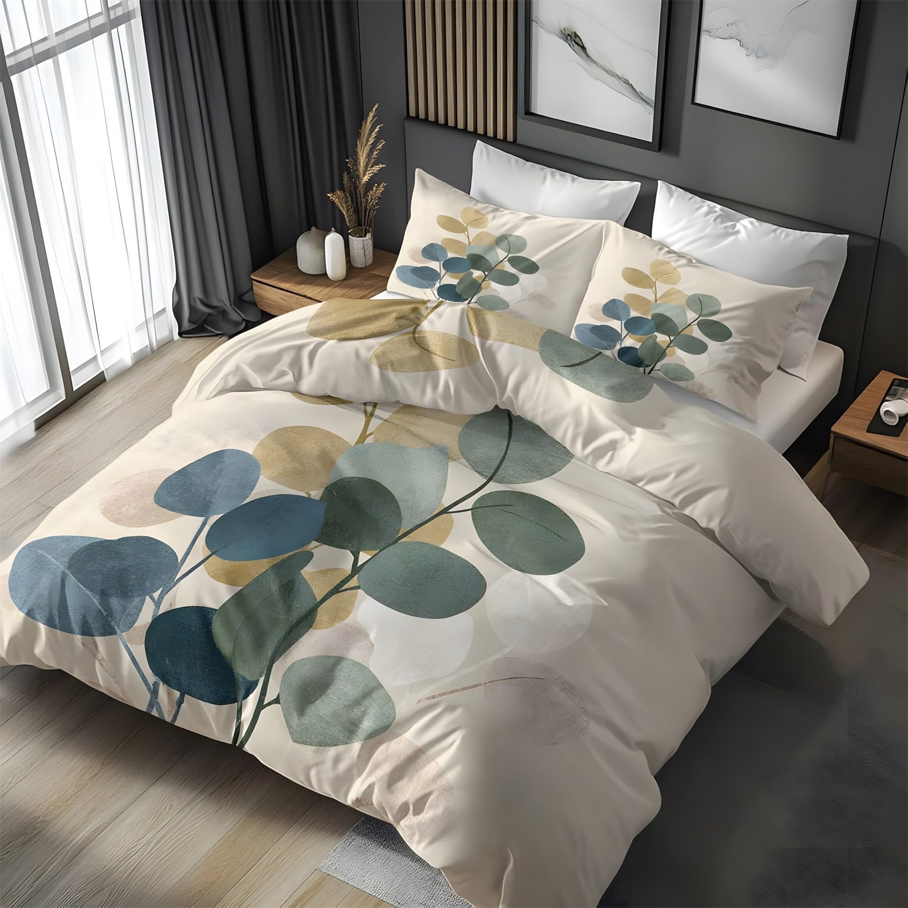 Housse de couette 240x260 microfibre sans repassage parure lit eucalyptus
