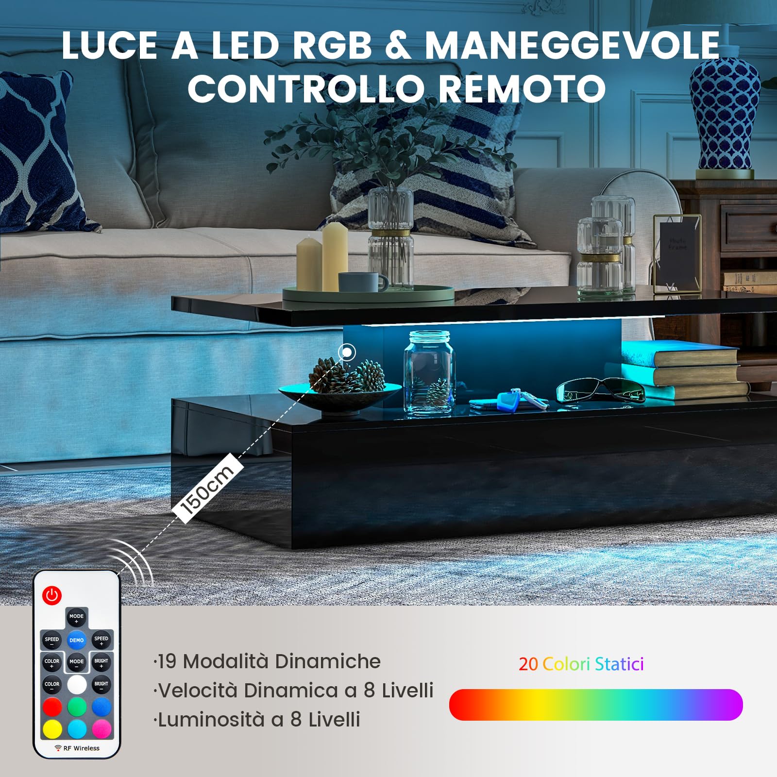COSTWAY Tavolino da Caffè a LED a 2 Livelli con Colori della Luce Regolabili Velocità e Luminosità e Telecomando, Tavolo da Salotto Rettangolare e Moderno per Soggiorno e Ufficio (Nero)