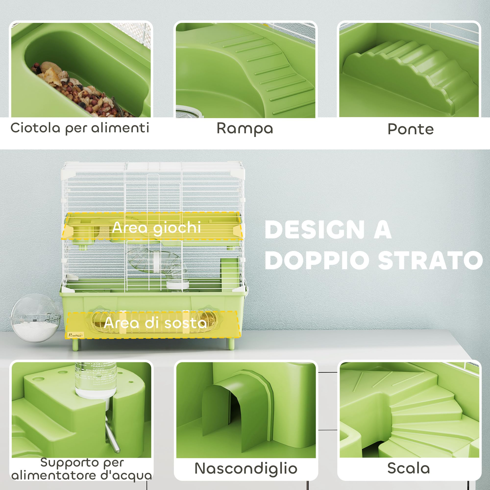 PawHut Gabbietta per Criceto a 2 Livelli e 3 Porte con Ruota Silenziosa, Lettiera e Tubi di Gioco, Gabbia per Animali in Acciaio, PS e PP, 44.5x28x44 cm, Verde e Bianco