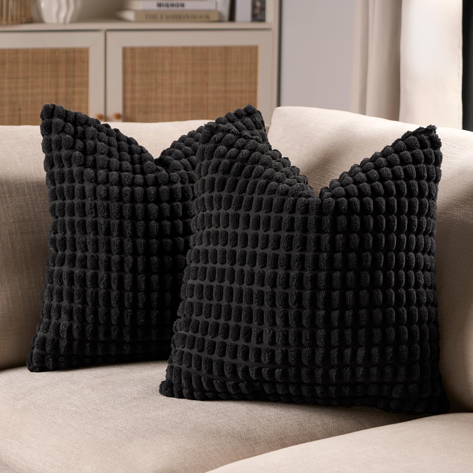 Ohs Black 2 Pack Bobble Textured Cushion Covers, Soft Luxurious 3D Bobble Design Throw Pillow Covers With Hidden Zipper For Bed Couch Livingroom, -45X45cm