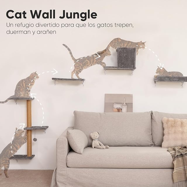 Foto 2 de 8 de FUKUMARU Conjunto de Pared escalable para Gatos en Resistente Panel Multicapa, Incluye Hamaca, casita, Puente