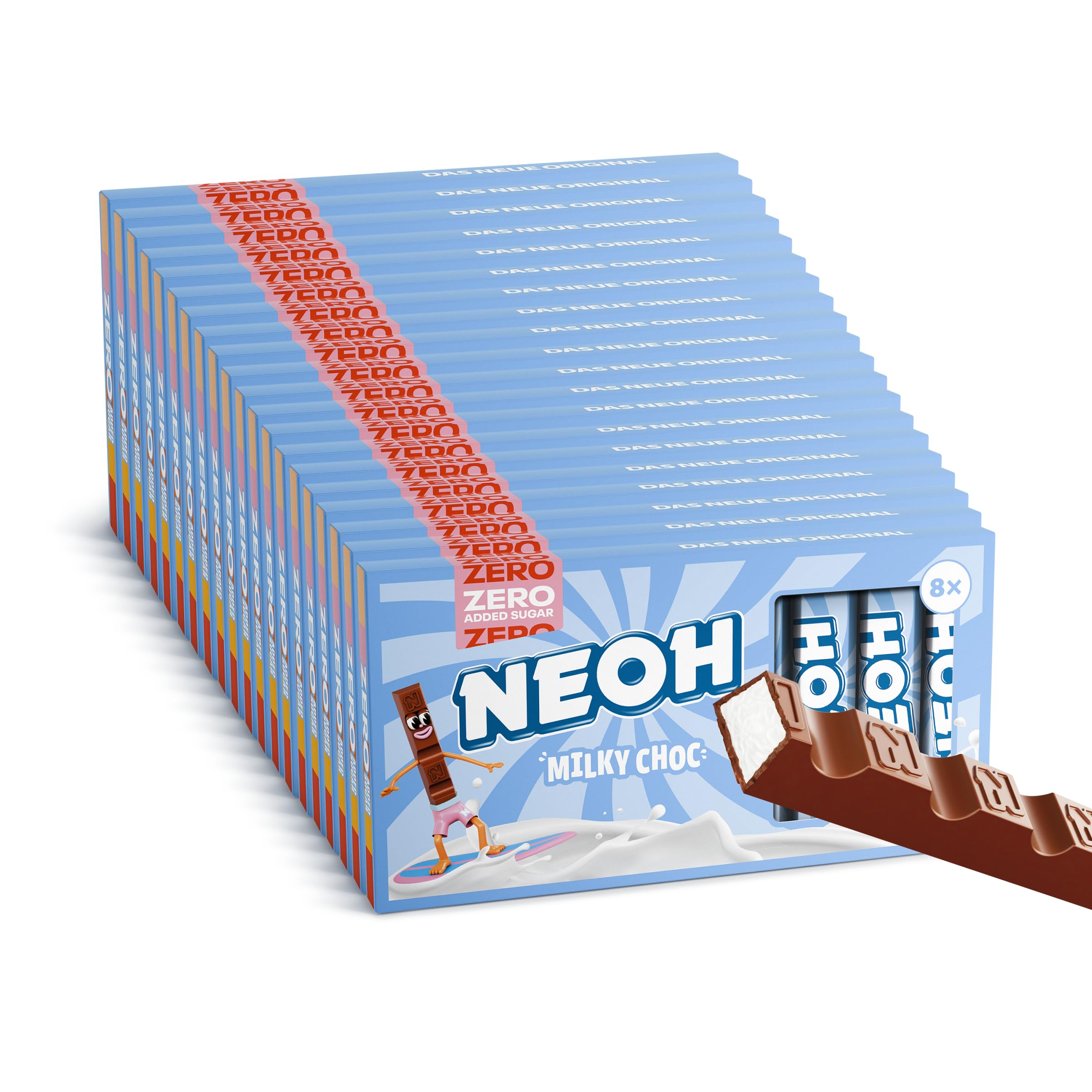 NEOH Milky Choc Riegel, Milchschokoladenriegel ohne Zuckerzusatz mit cremiger Milchfüllung, ballaststoffreicher Snack, 56 kcal pro Riegel, für Low-Carb-Ernährung geeignet, vegetarisch, 20er-Pack