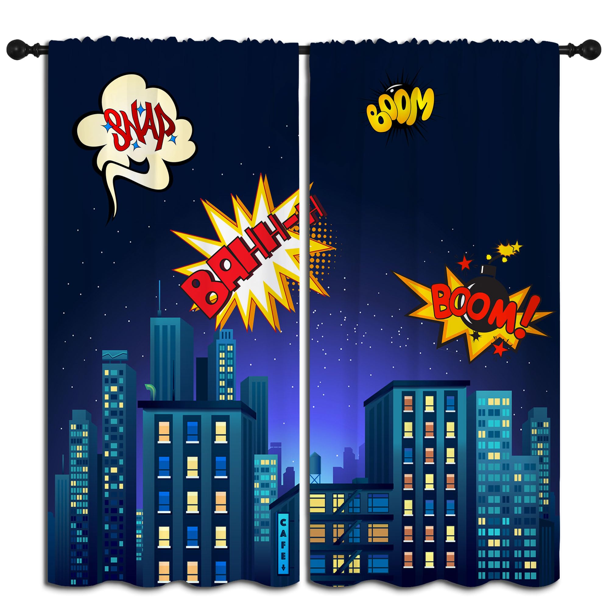 PYMATYTN Superhero Rod Pocket Blackout Curtains for Boy Girl Bedroom, Cartoon Skyline Buildings Cityscape Thermal Insulated Home Window Drapes for Living Room Darkening, 42x45 inch