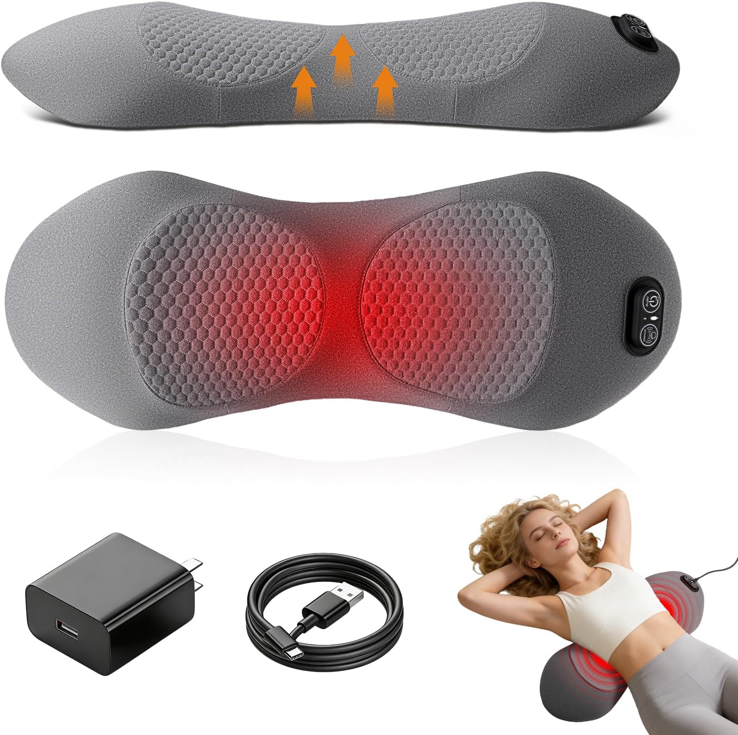 Smooth 3 in 1 Electric Lumbar Support Pillow for Bed and Chair, Triple Fusion Back Massager with Heat, Vibration and Traction, Lower Back Massager for Home, Office and Travel (Gray)