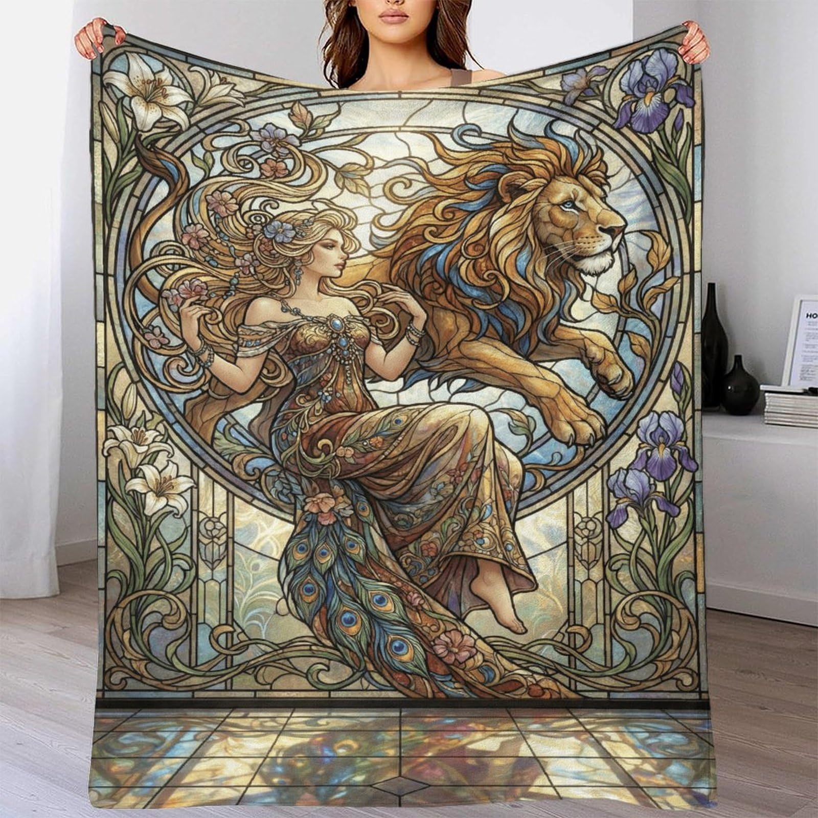 Art Nouveau Mucha Lion Goddess Warm Throw Blanket, Couch TV Time