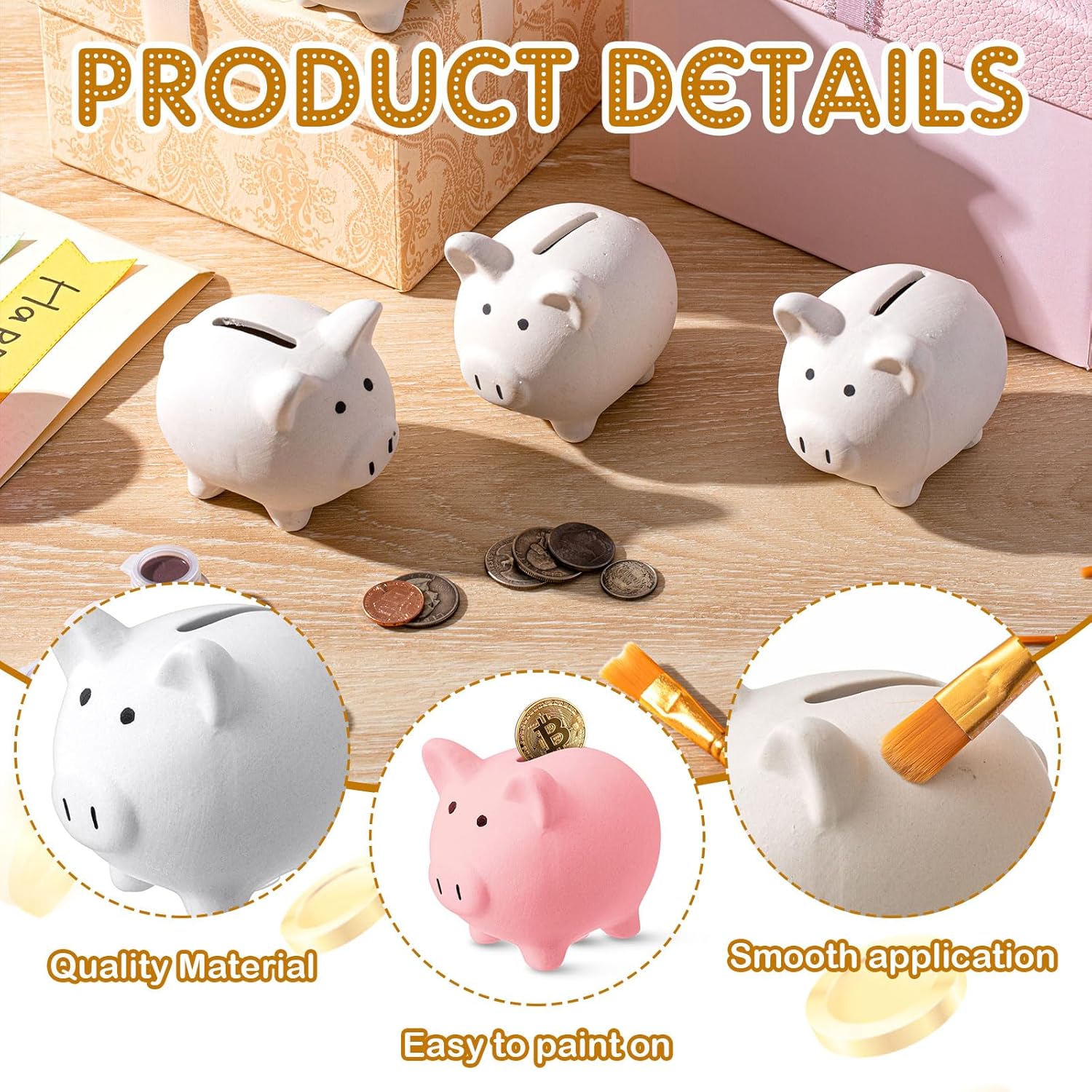 12 Pcs DIY Ceramic Piggy Banks Pig Coin Banks Xmas Gift Unglazed White for Boys Girls with 2 Paint Strips 10 Brushes Money Birthday Home Festival Fun Activities Gift