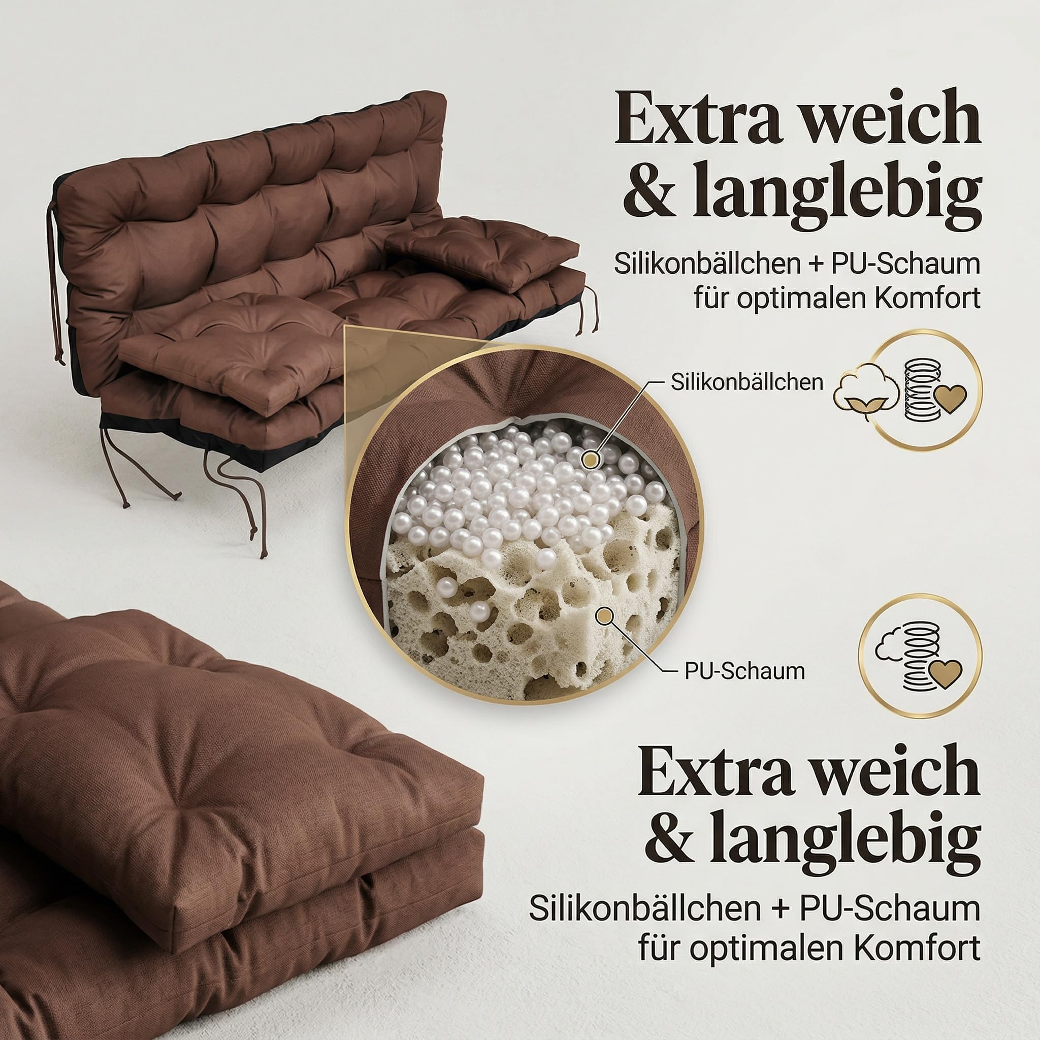 wasserabweisendes Kissen für Hollywoodschaukel & Gartenbank 120 cm - Schaukelkissen Outdoor Wetterfest, Gesteppt, Silikonkugeln + PU-Schaum Füllung – Bankauflage Gartenkissen (Braun)