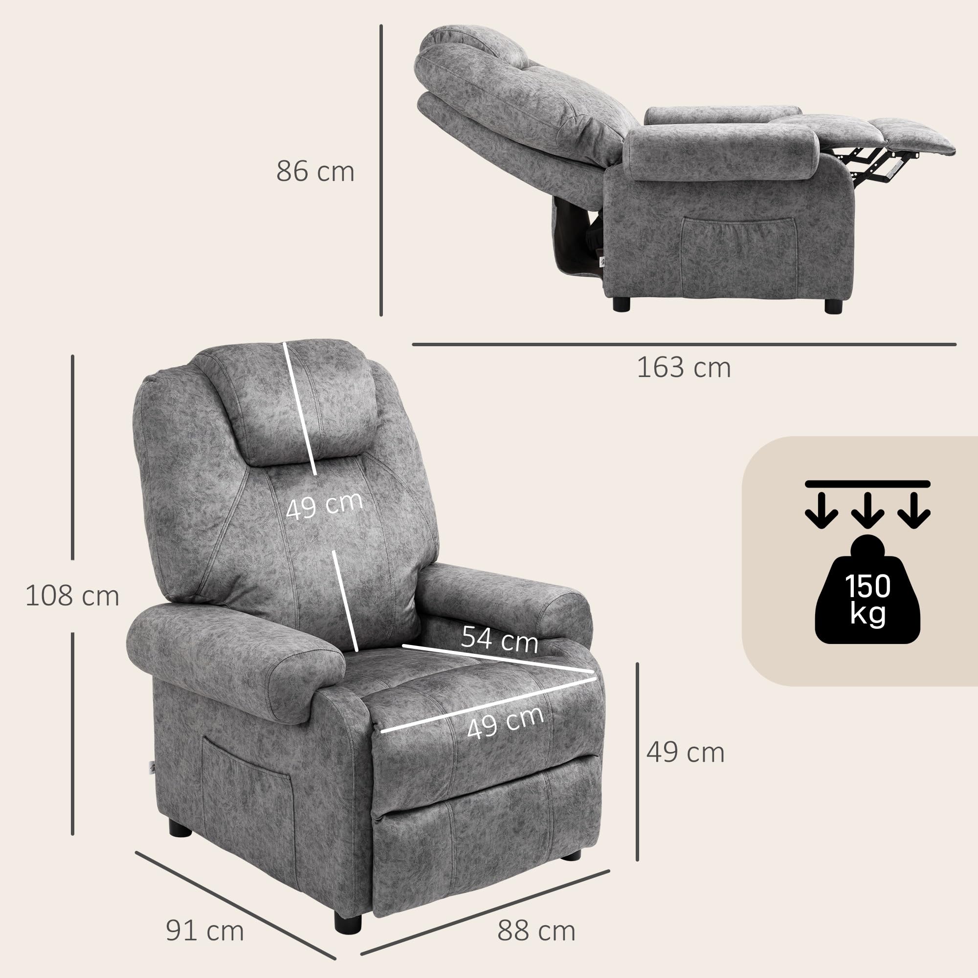 HOMCOM Sillón Relax Reclinable Manual, Sillón Relax de Terciopelo con Reposabrazos, Reposapiés, Acolchado Grueso, Butaca Reclinable hasta 135º para Salón, Dormitorio, Oficina, Gris