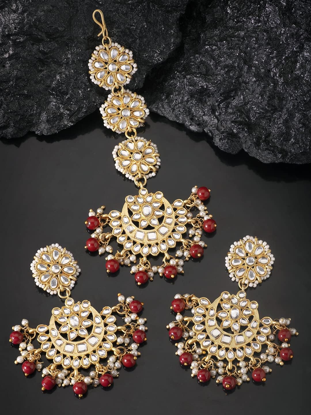 Aheli Ethnic Faux Kundan Drop Pearl Beads Dangle Earrings Maang Tikka Set Bollyood Wedding Bharatanatyam jewellery set Gift for Women