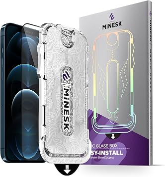 Minesk MAGIC GLASS Screen Protector with Automatic Alignment Apparatus for iPhone 12 PRO MAX (Strengthened Tempered Glass) with Dust Collection Feature When Installing (12 PRO MAX)