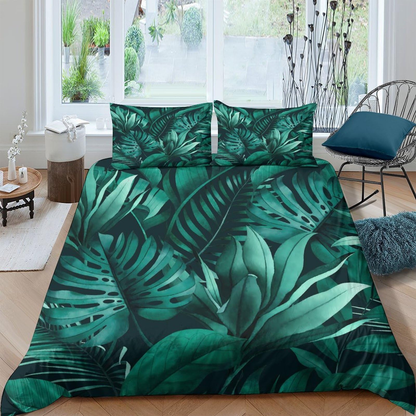 GPLZQXKJNH 3D Printed Tropical Botanical Duvet Cover Set Microfiber Green Leaf Quilt Cover with 2 Pillowcases for Bedroom Decor Single（135x200cm）