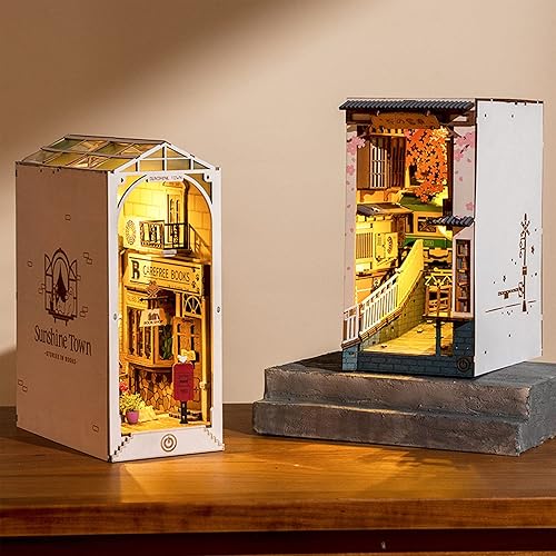 Vista 6 de Rolife Kit de rincón de libros DIY sujetalibros decorativos de madera para decoración del hogar (Sakura Densya+Sunshine Town)