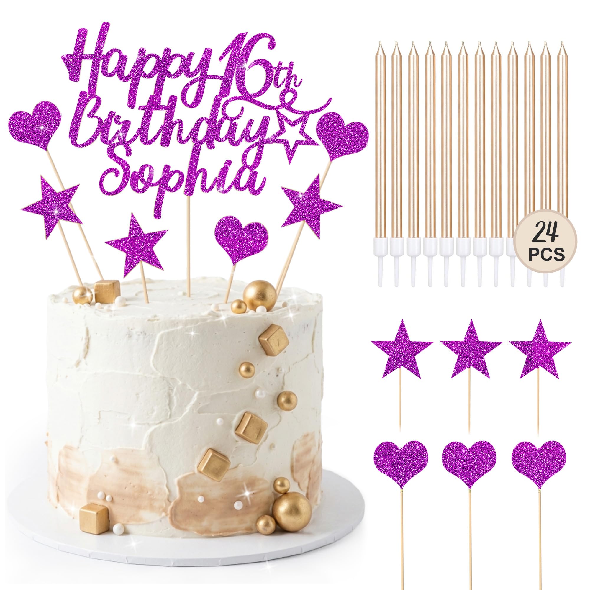 EDSG Personalised Happy Birthday Cake Topper with 24 Candles, Double-Sided Glitter Cake Decorations with Any Age Name, Birthday Party Supplies for Boys Girls Women Man (Purple) โ image 1