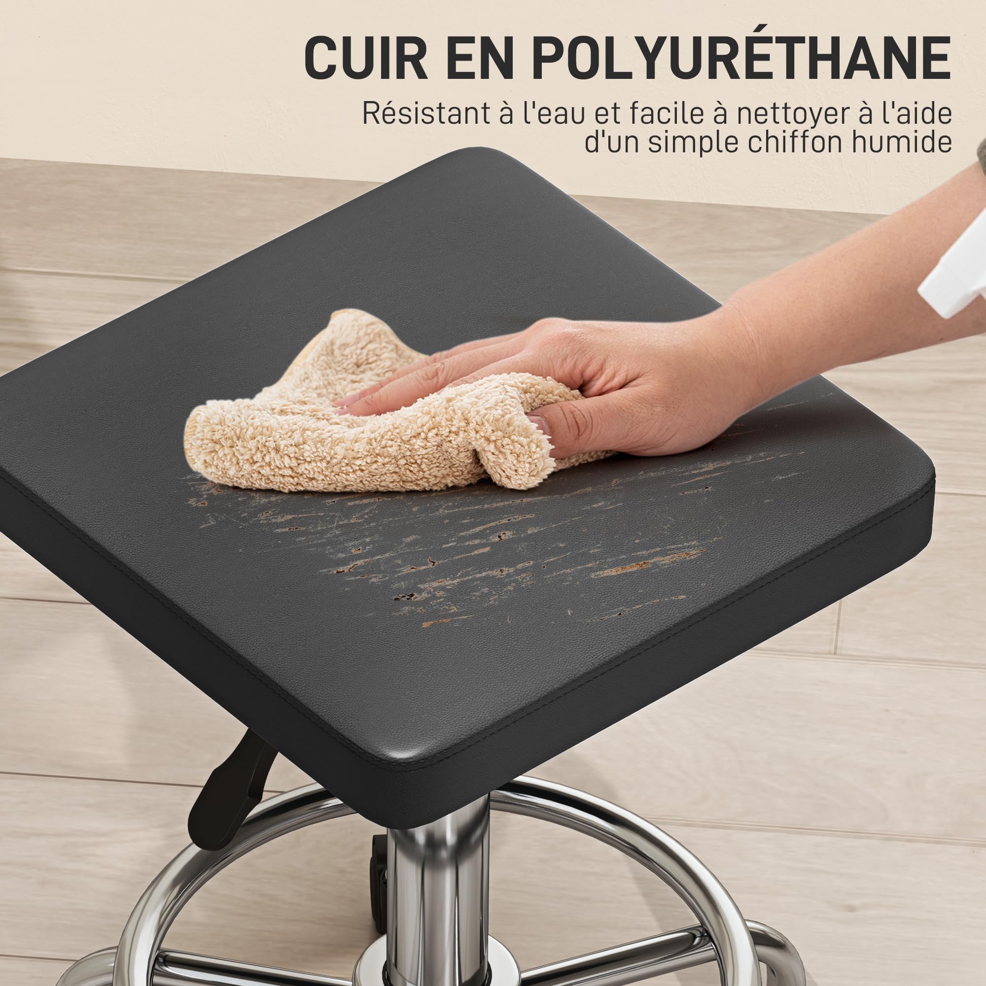 HOMCOM Tabouret à roulettes carré Hauteur Réglable 50-66 cm Noir | Chaise de travail avec Repose-Pieds, Pivotant 360°, Pour Salon de Massage, Tatouage, Clinique, Spa