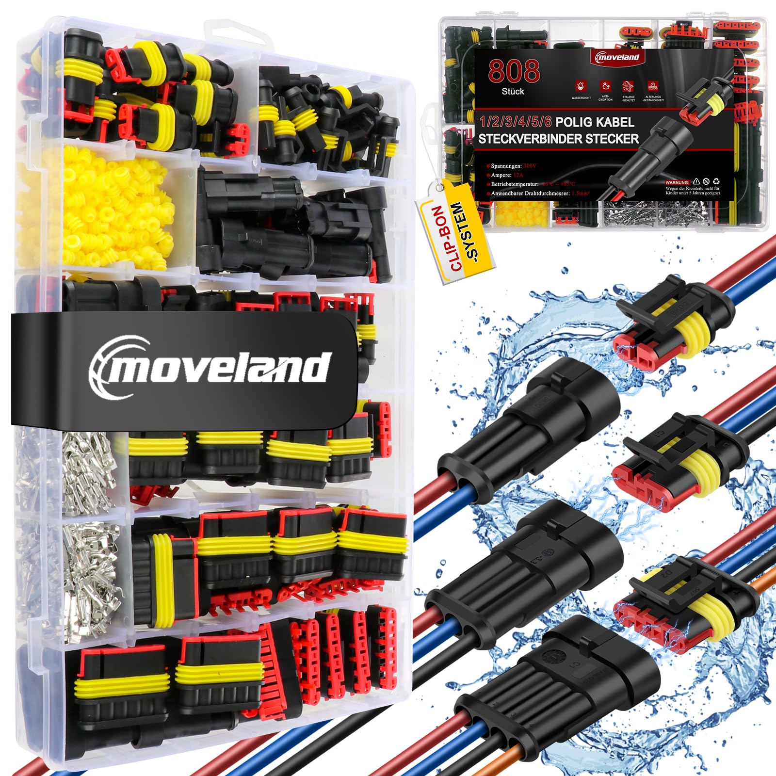 moveland kfz Stecker 808PCS - Schnell kfz Steckverbinder Wasserdicht 1/2/3/4/5/6 Polig - Dicht Stecker kfz für Auto, LKW, Boot, Motorrad(Anwendbarer Kabeldurchmesser: 1.5mm², 300V, 12A)