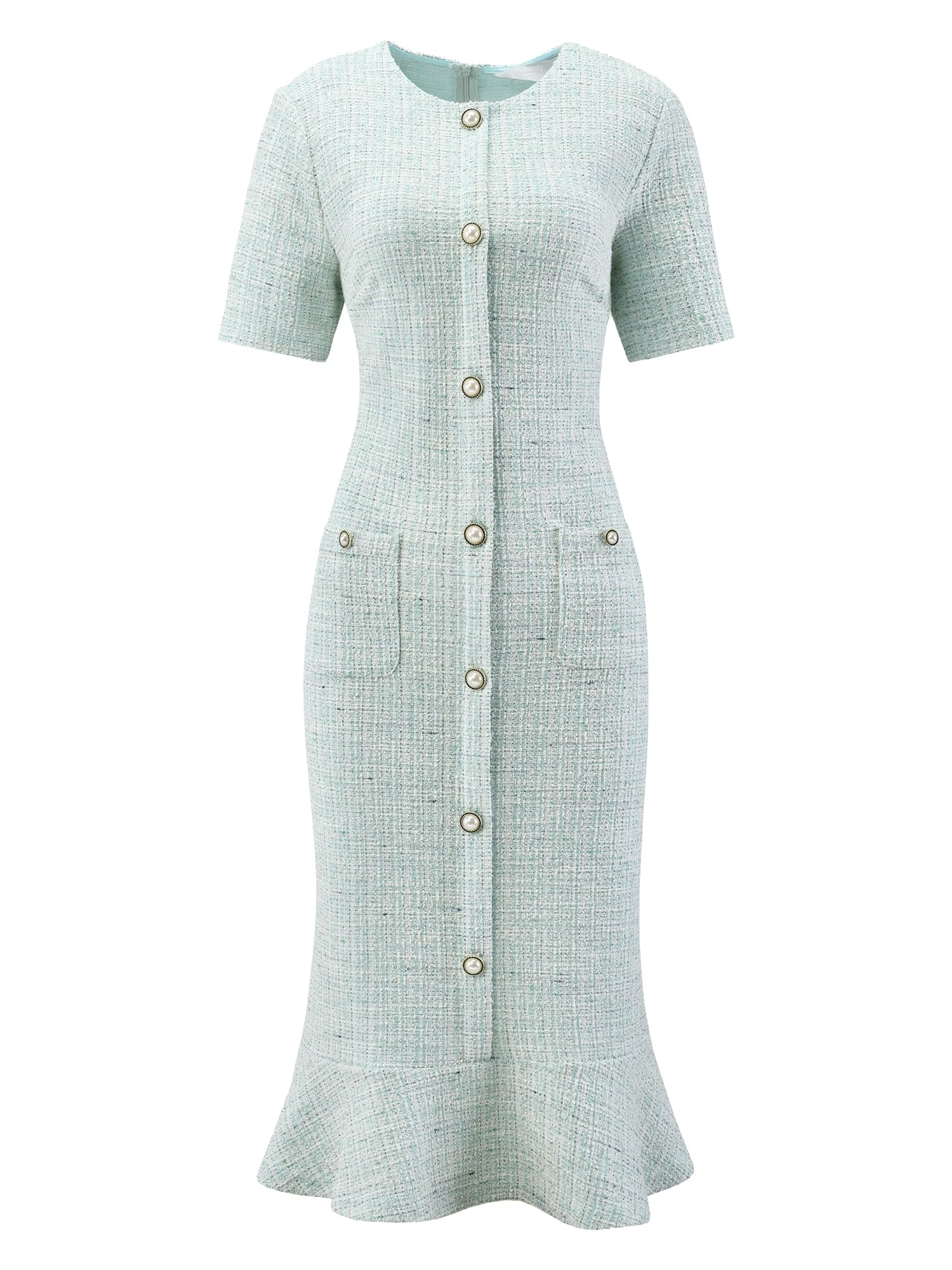 Womens Tweed Dress Short Sleeve 2025 Elegant Wedding Cocktail Bodycon Midi Fishtail Dresses