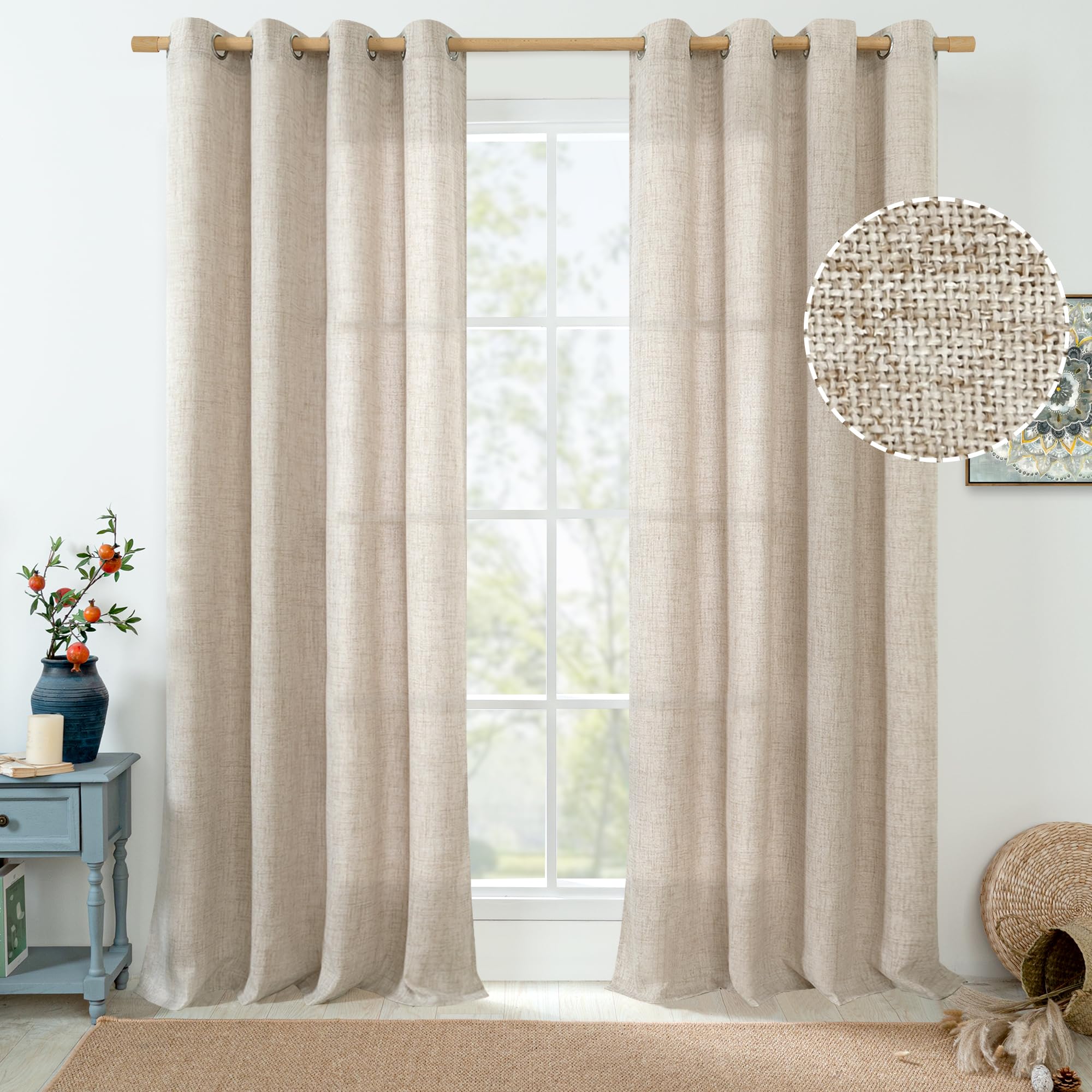 QUEMAS Linen Curtains for Living Room 84 Inch Length 2 Panels Set, Semi Sheer Long Curtains Burlap Textured Light Filtering Floor Window Drapes for Farmhouse Decor, Each Panel 52 Inch Wide, Natural