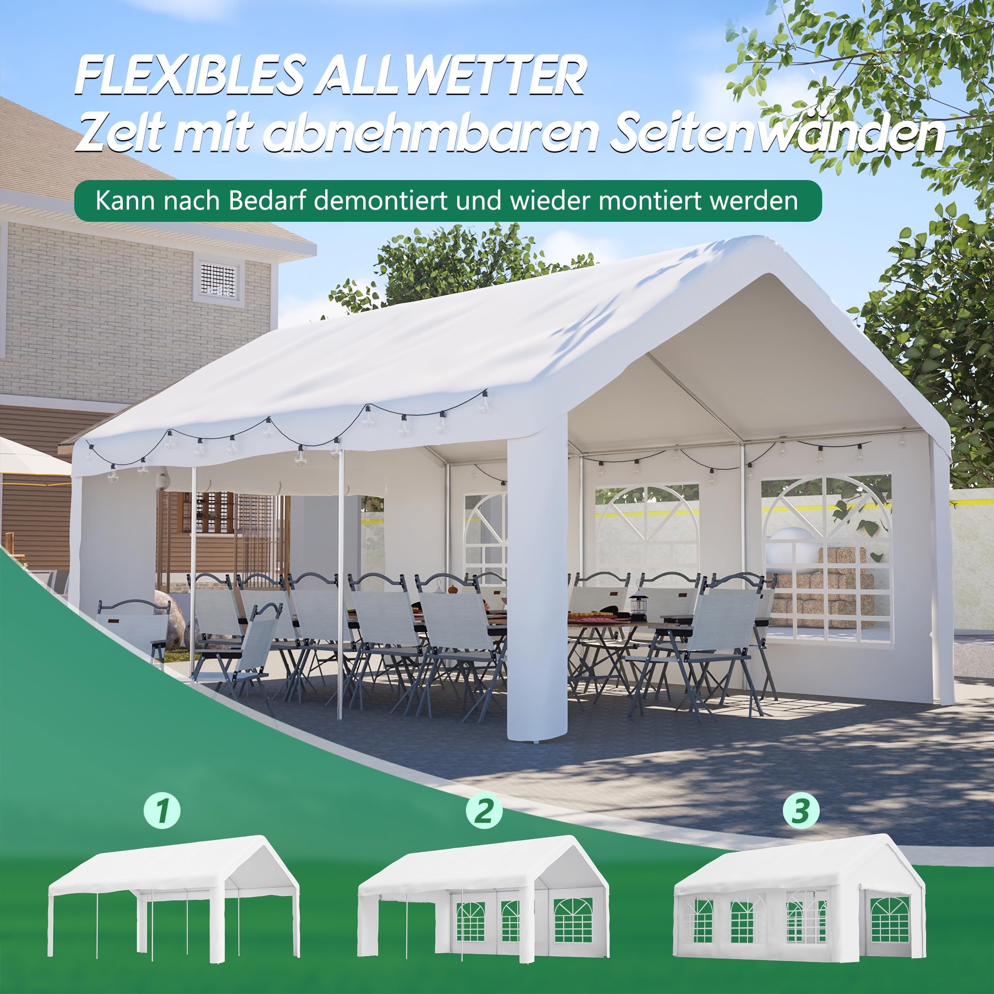 Pavillon 4x6 m, Faltpavillon, Wasserdicht, Winterfest, Pop Up Pavillon, UV Schutz Gartenpavillon mit 4 Seitenteilen, Partyzelt mit Fenstern für Camping Party, Weiß