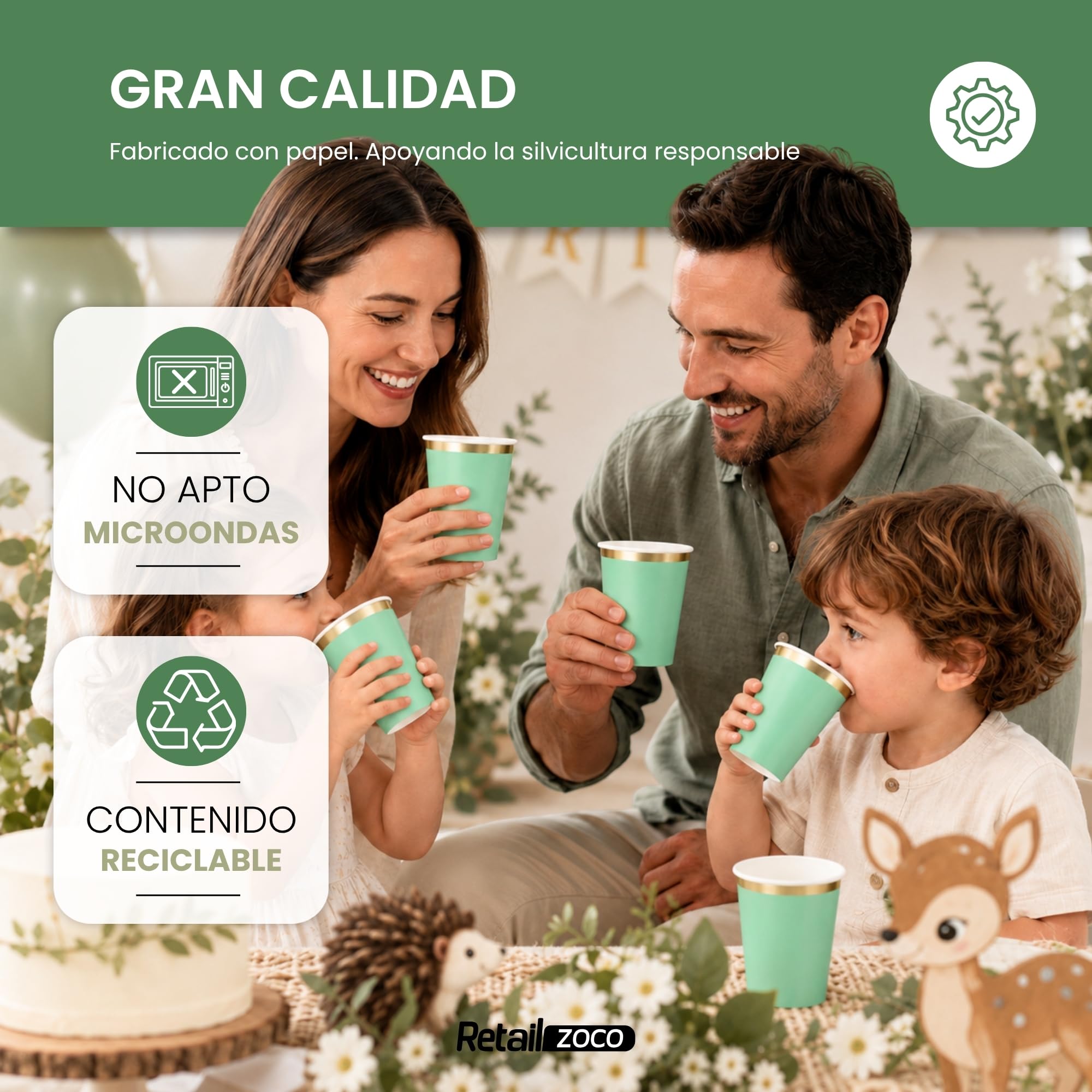 Vasos de cumpleaños, Vasos Desechables cartón, Diseño Verdes, 12 Unidades - imagen 5