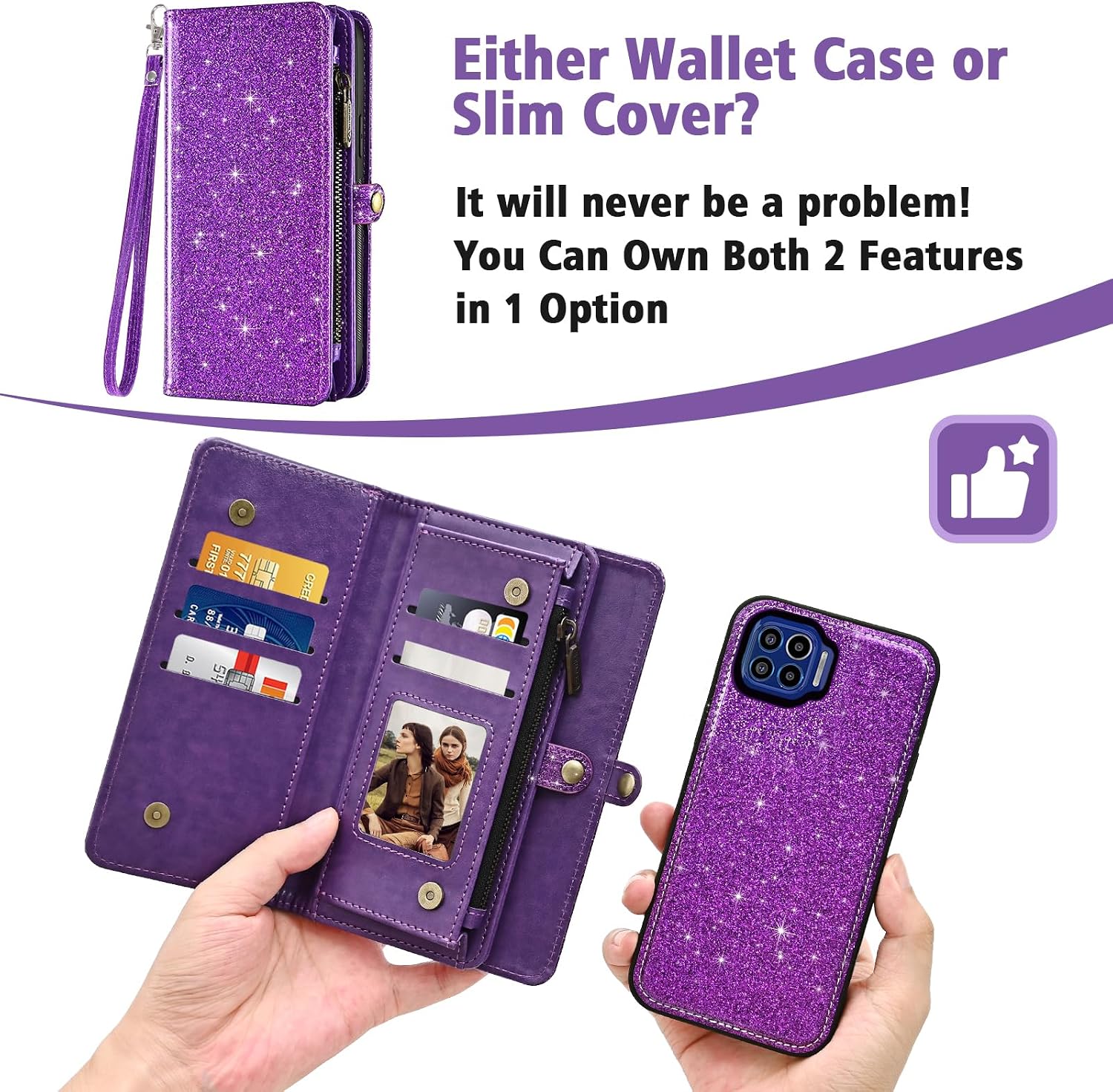 Asuwish Phone Case for Moto One 5G/One5G UW/Moto G G5 Plus Zipper Wallet Cell Cover with Tempered Glass Screen Protector Lanyard Wrist Strap Flip Card Holder Motorola One Lite XT2075-1 Women Purple
