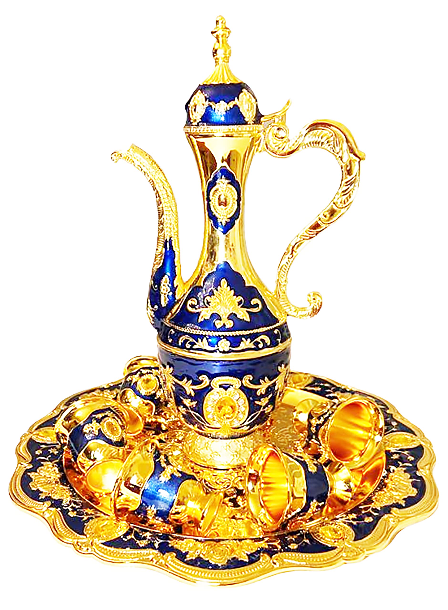 Turkish Wine Set XL Size Handmade Espresso Greek Arabic Coffee Tea Pot Tray and 6 Cups NOT SMALL Embossed Metal with Gem Beverage Set Hand Painting Colored Gift Box Shin NAVY and Gold Colors