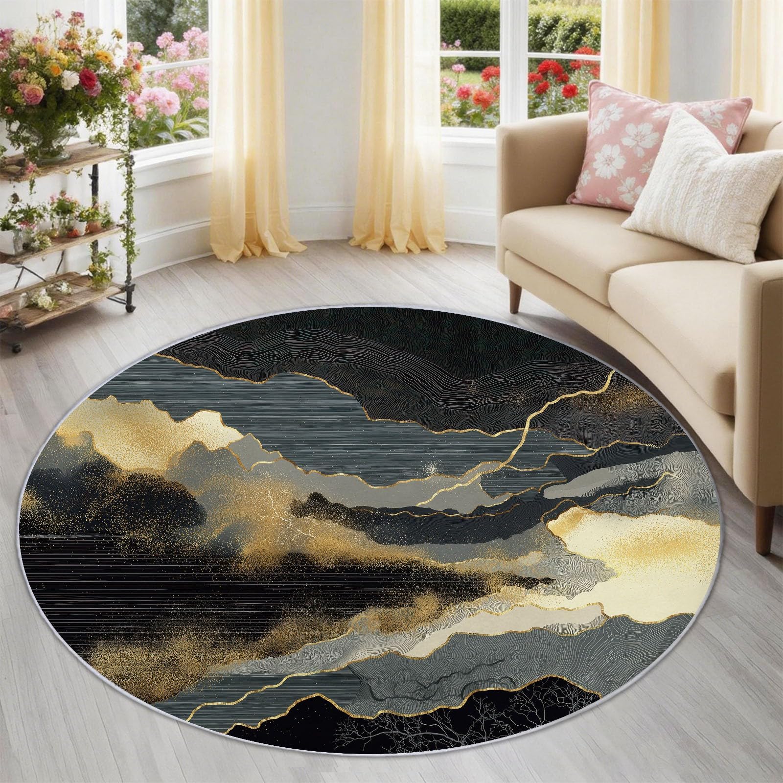 Générique Tappeto rotondo 120 cm, lavabile in lavatrice, tappeto antiscivolo a pelo basso, stile astratto, motivo linee ondulate moderne e contorni in metallo morbido, per camera degli ospiti, colore