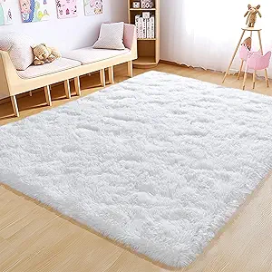 Fluffy 4x6 Area Rug–1.4" High-Pile Plush Carpet, Fuzzy Nursery Rugs for Bedroom, Soft Throw Rug for Living Room–White