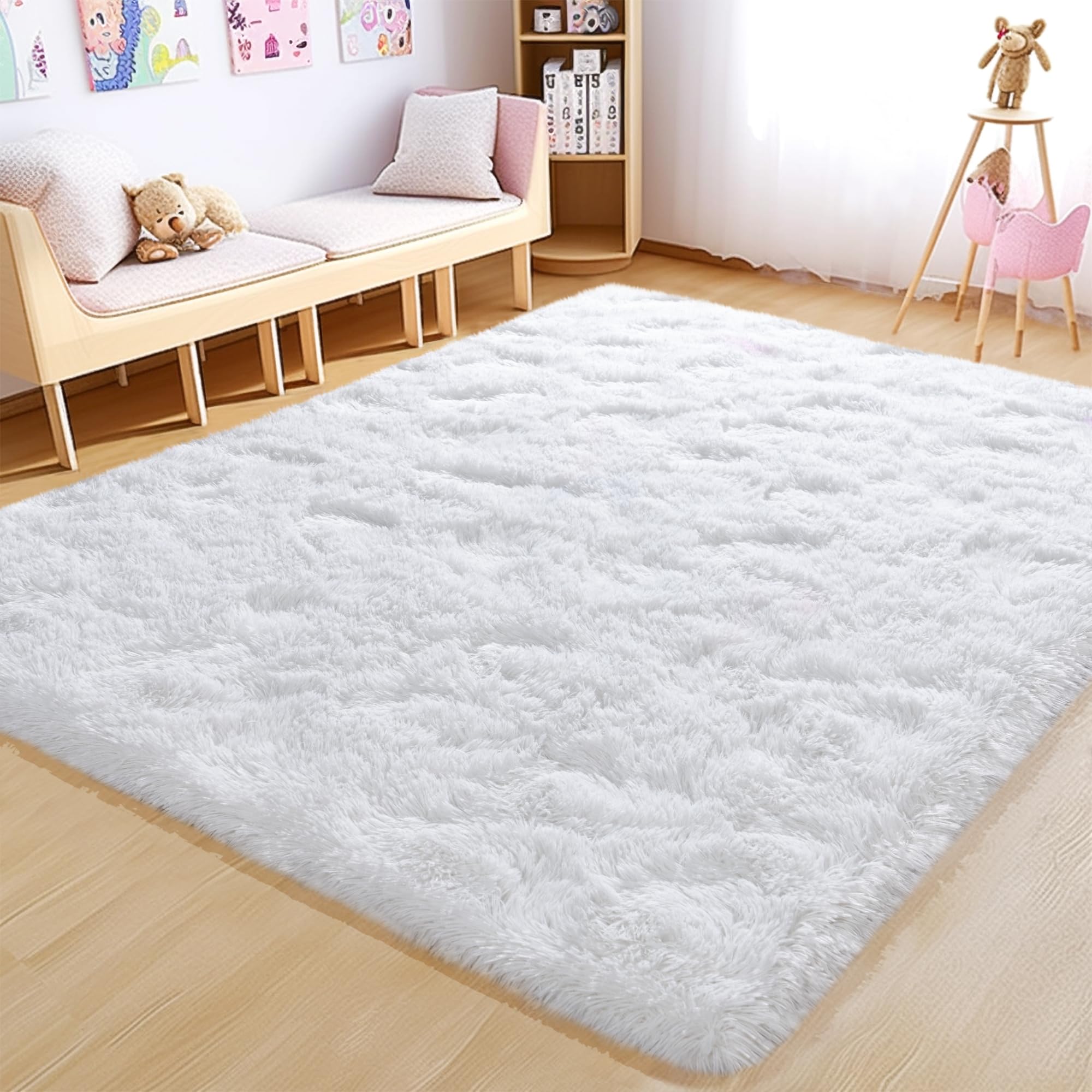 Awaytail Fluffy 4x6 Area Rug–1.4" High-Pile Plush Carpet, Fuzzy Nursery Rugs for Bedroom, Soft Throw Rug for Living Room–White