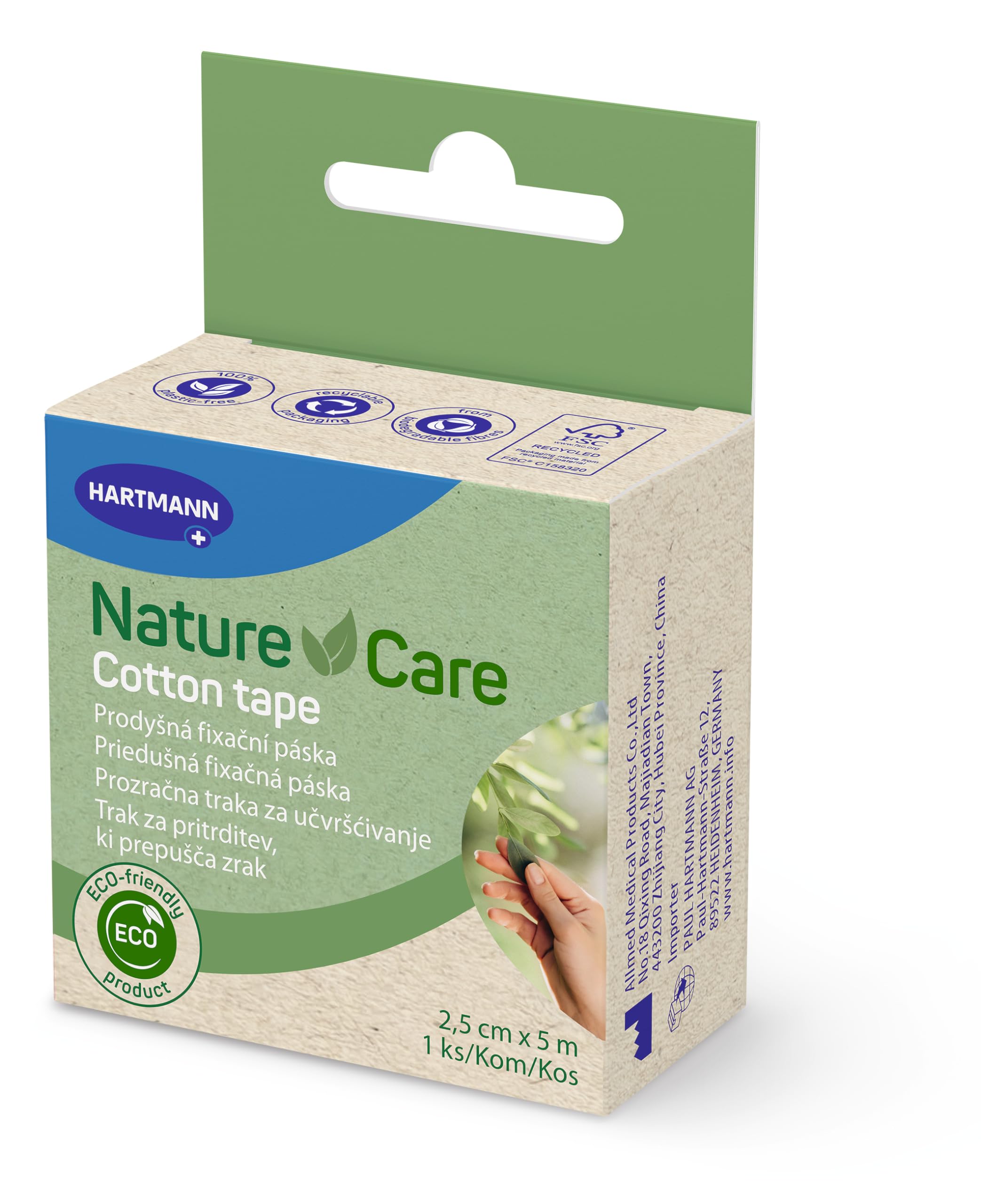 Hartmann Nature Care Esparadrapo de Algodón, Autoadhesivo, Fija Apósitos y Gasas, Transpirable, Eco-Friendly, Envase Libre de Plástico, 2.5 cm x 5 m, 1 unidad