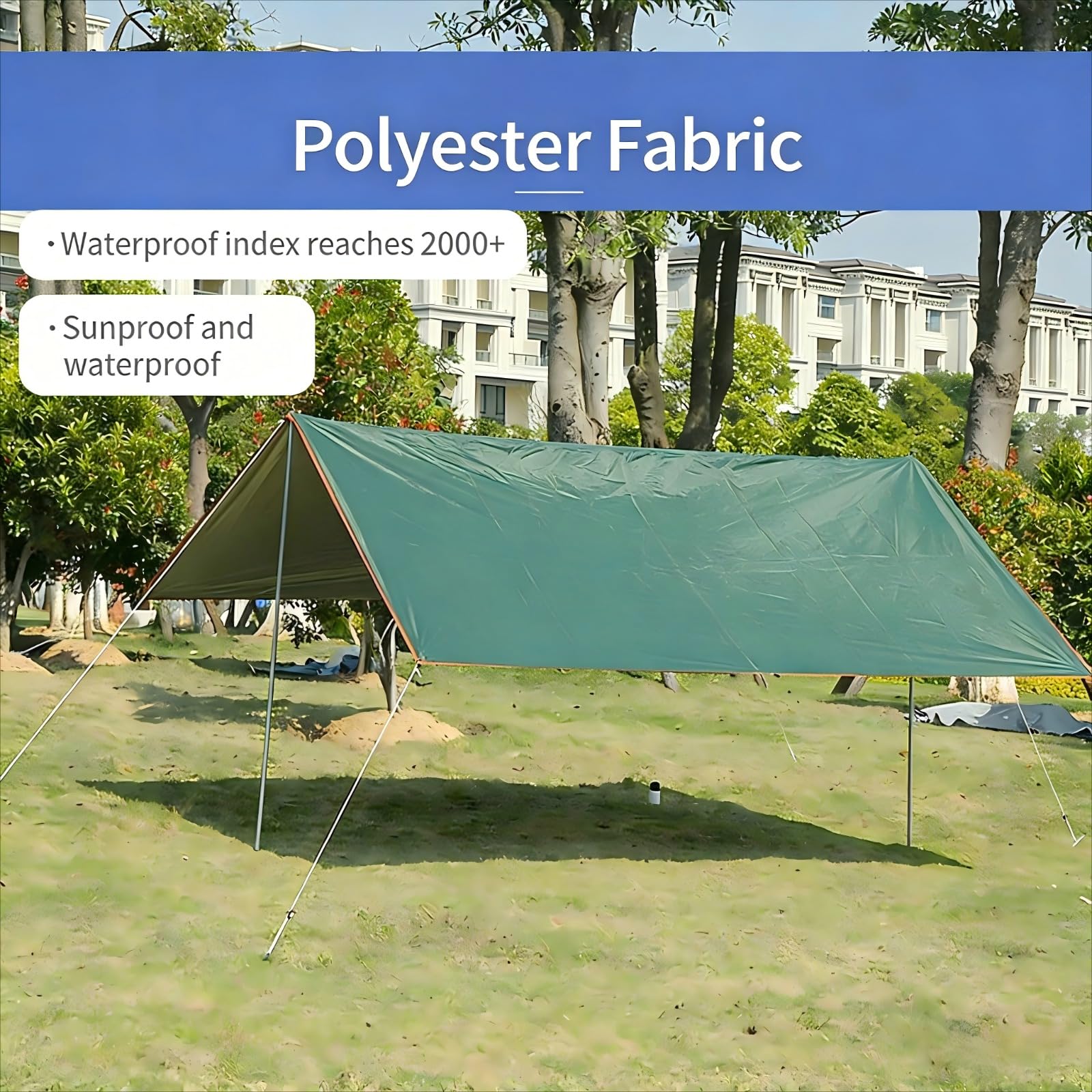 Plandeka kempingowa, wodoodporna, 3 x 3 m, z oczkami, linki napinające i śledzie, ochrona przed promieniowaniem UV, do hamaka, schronienia na piknik, do bushcraft pieszych wędrówek, jasnozielona