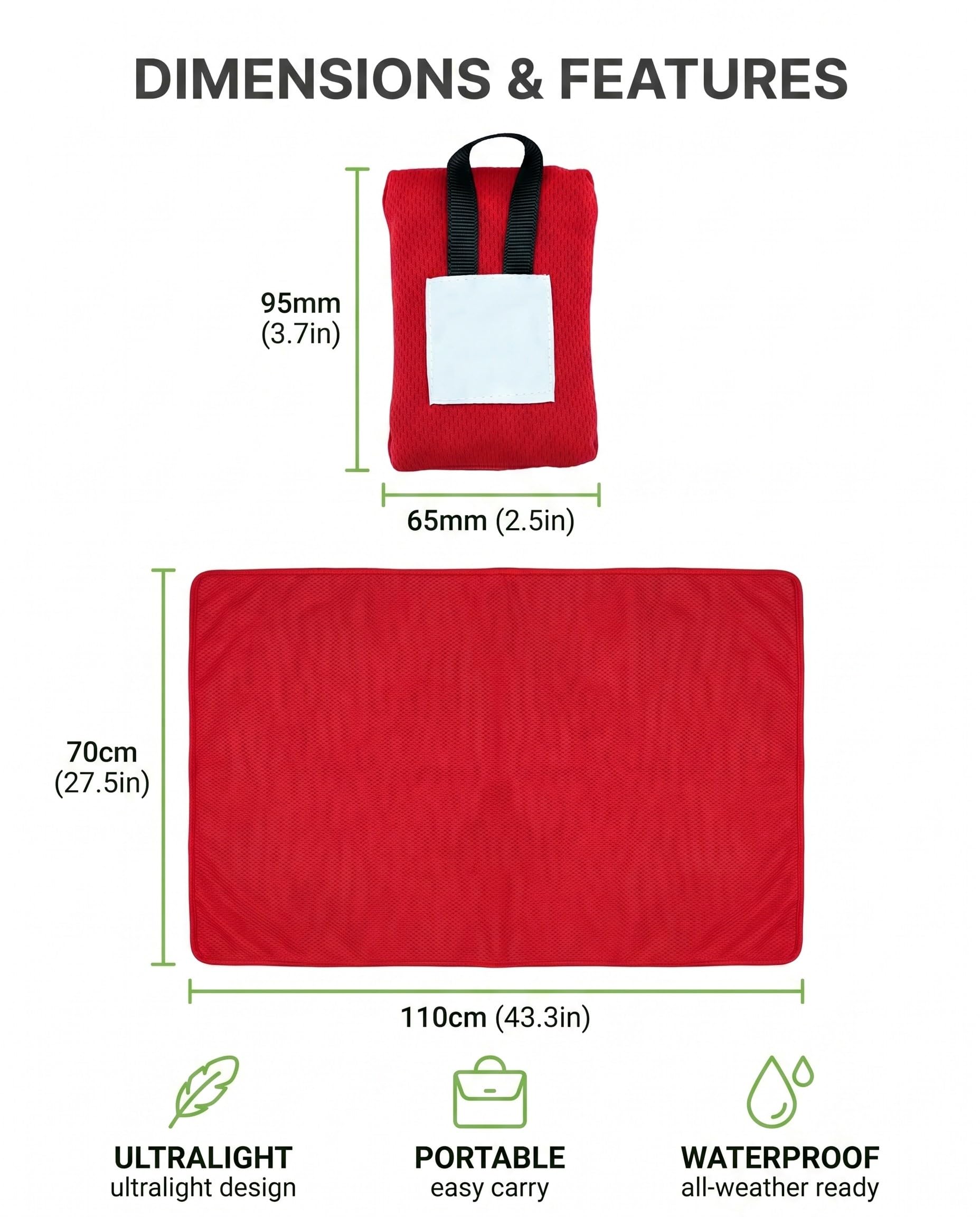 TISCH Telo Coperta Picnic Impermeabile 70x110 cm Rosso Pieghevole Portatile Anti-Sabbia