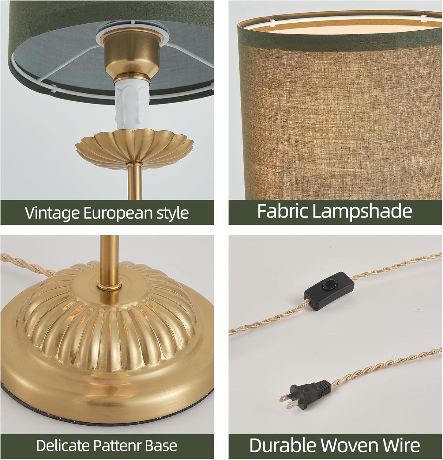 Bedside Table Lamp for Bedroom, Mid-Century Modern Plug in Green Fabric Shade & Gold-Tone Iron Base Desk Lamp, Plug & Play Nightstand Lamp with Switch Power Cord for Living Room,Office 【Bulb Included】