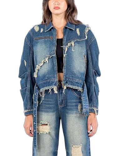 Womens Casual Denim Distressed Ripped Two Piece Set Oversized Cropped