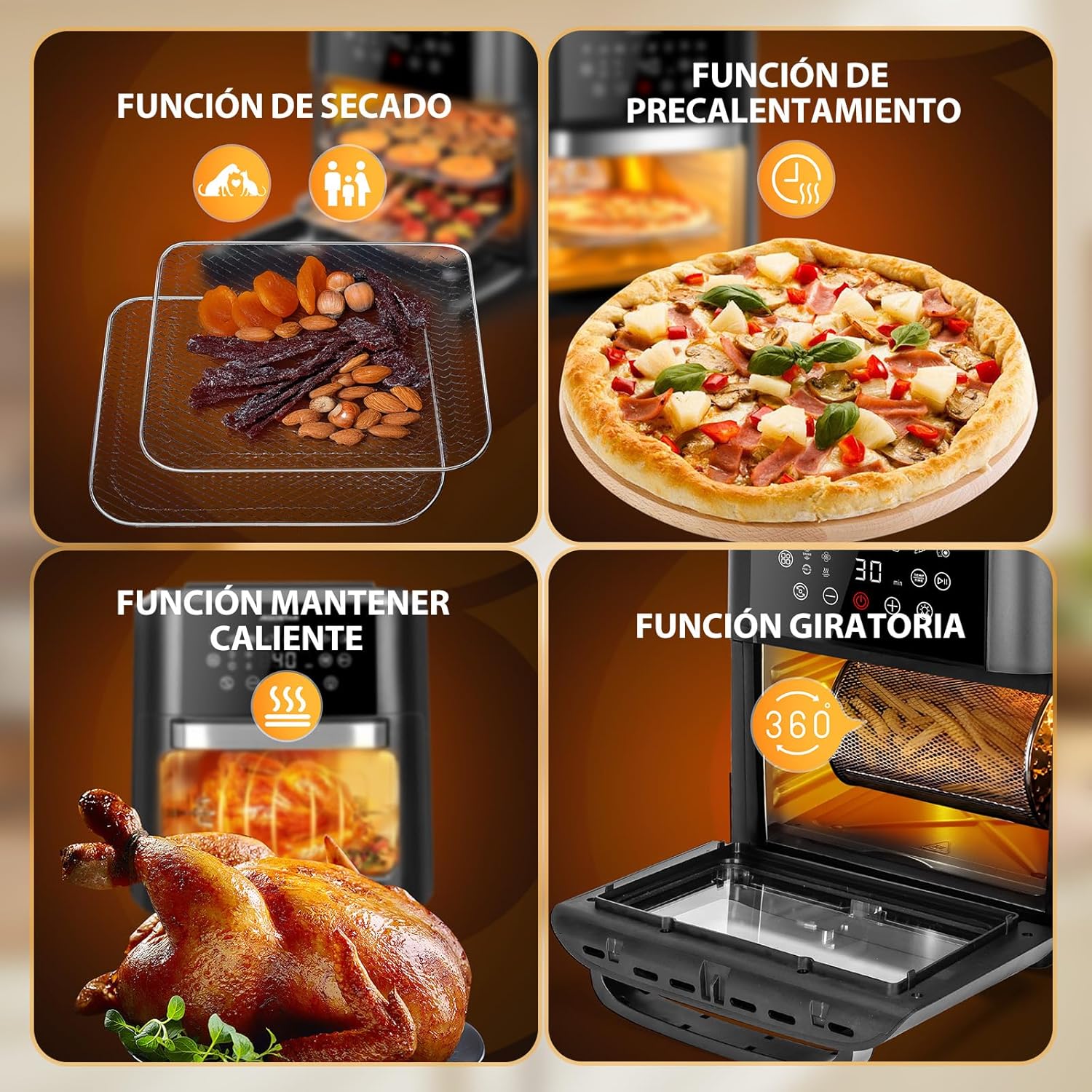 Aigostar Owen Air Fryer Oven special functions: drying, preheating, keep warm, rotisserie