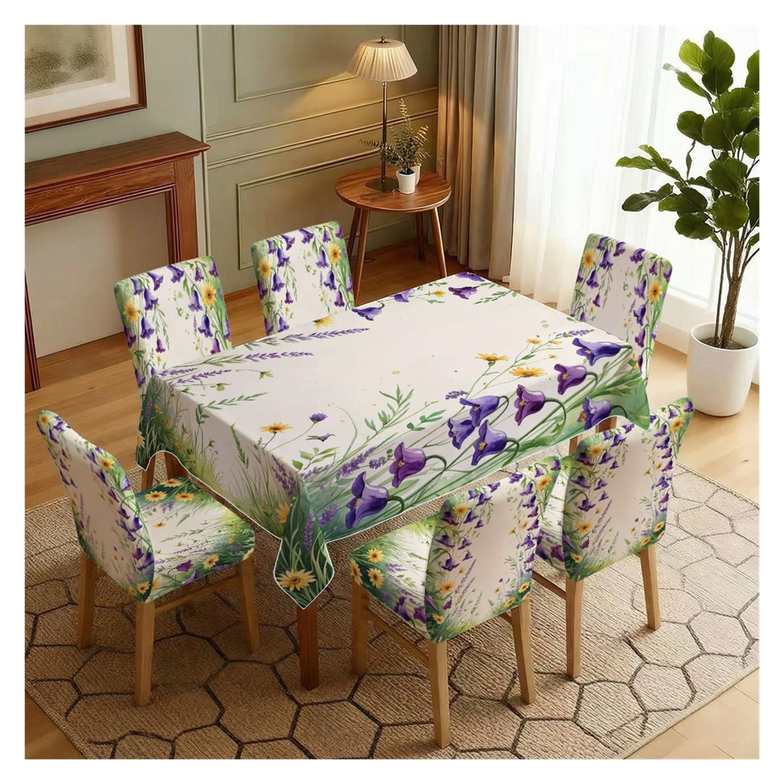 BOSUYBN Watercolor Purple Bellflower Daisy Dining Tablecloth & Chair Covers Set, 5/7 Piece Fresh Wildflower Cottage Farmhouse Dining Decor Table Setting(7pcs Set: Tablecloth+Chair Covers)