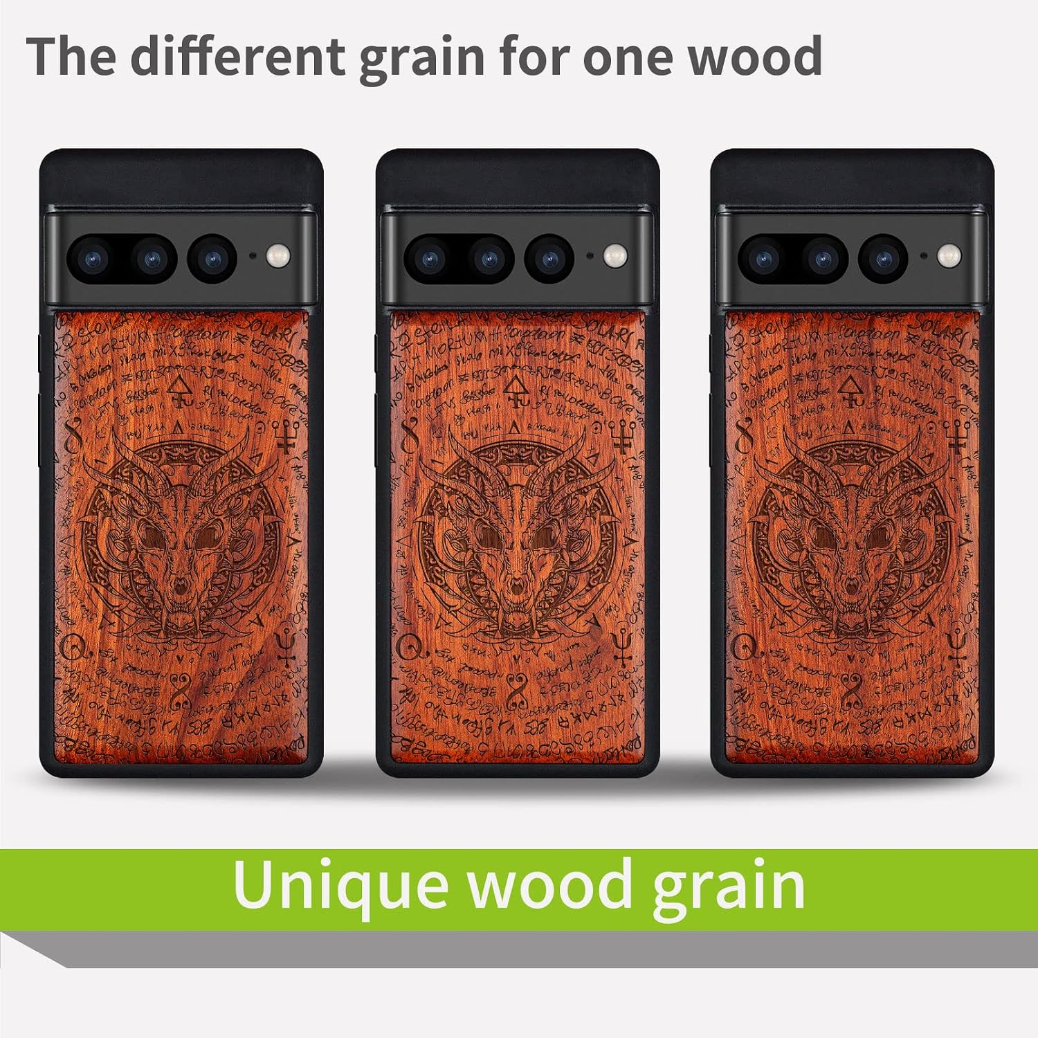 Carveit Wood Case for Pixel 7 Pro Case [Natural Wood & Black Soft TPU] Shockproof Protective Unique & Classy Wooden Cover Compatible with Google Pixel 7 Pro (Dragon Skull-Rosy)