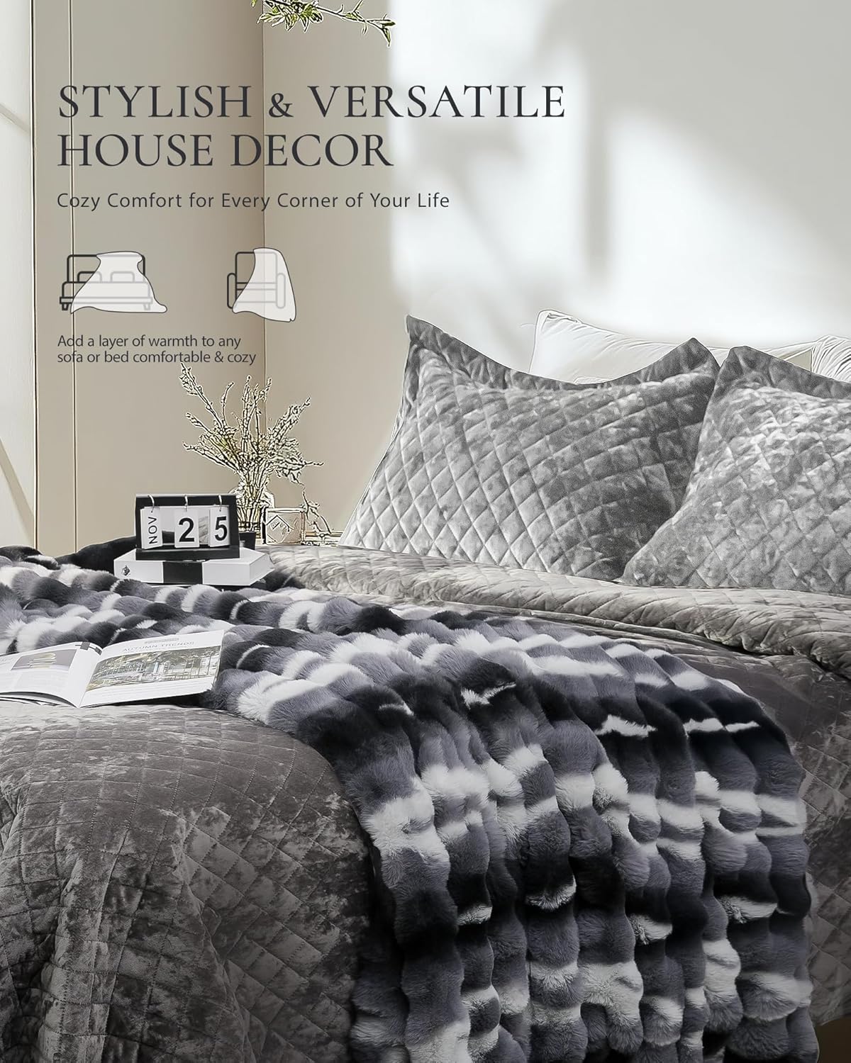 Faux Fur Throw Blanket, Bunny Blanket with Bubble Texture, Reversible Fluffy Blankets for Couch and Bed, Soft Cozy Faux Rabbit Fur Blanket for Home Décor, 50x60 inches