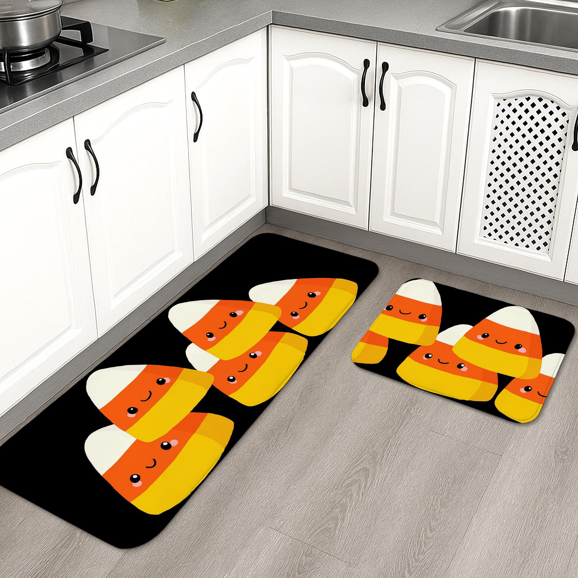 Cute Candy Corn Kitchen Mats for Floor, Fun Halloween Cushioned Comfort Washable Non Slip Rugs for Kitchen Sinks Laundry Room Bathroom 2PCS