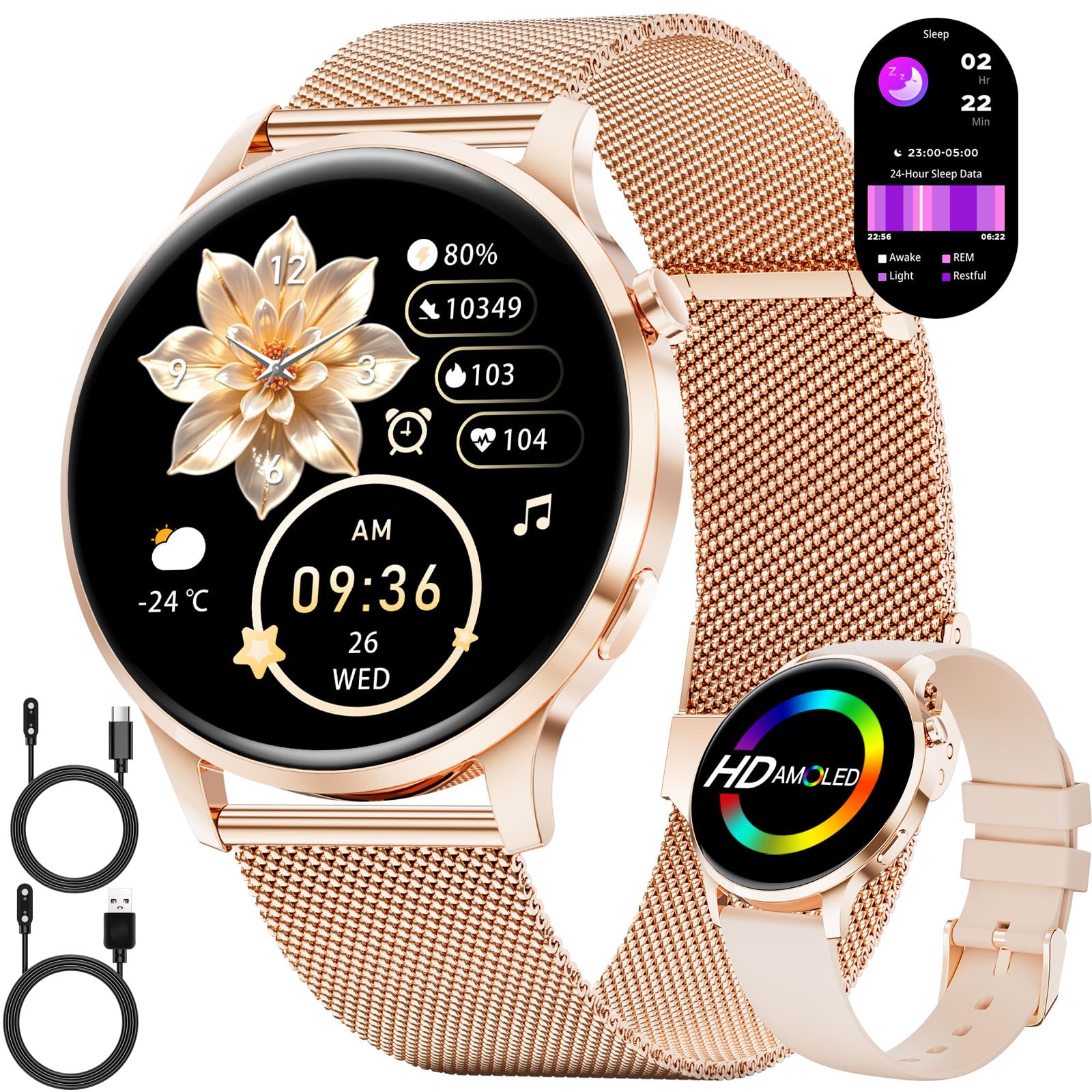 LIGE Smartwatch Damen Rund mit Telefonfunktion 7,9mm Dünn 1.32" AMOLED Elegant Fitnessuhr Frauen für Android iOS,Sportuhr mit Herzfrequenz Schlafmonitor,Menstruationszyklus,100+ Sportmodi,Roségold