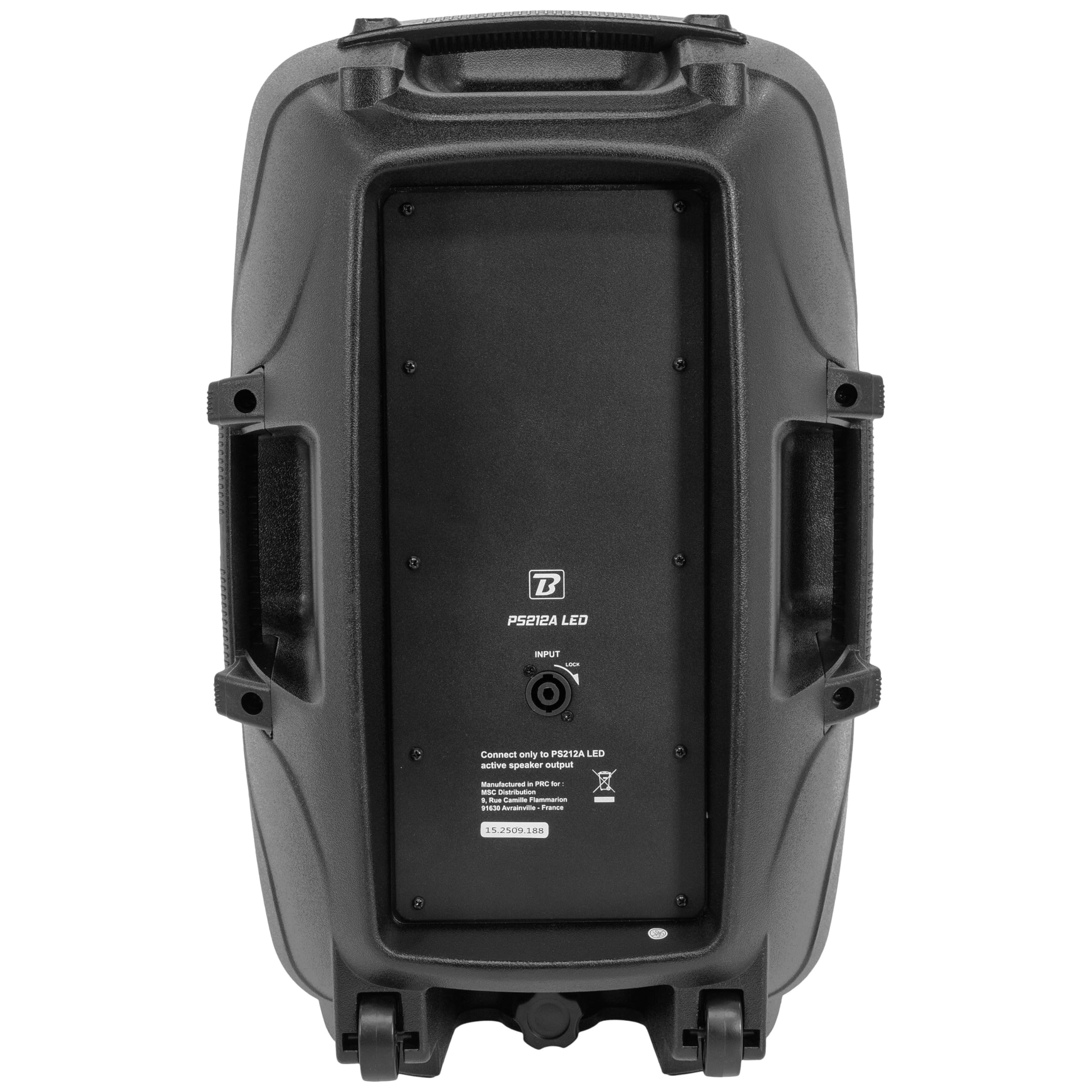 BoomToneDJ PS212A Zestaw LED - zestaw 2 głośników 12'', statyw, mikrofon, USB/SD, Bluetooth, radio FM i LED, na imprezy, wesela, szkoły i stowarzyszenia