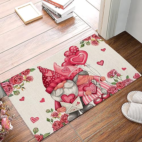 Doormat Indoor Entrance Home Decor Door Mat 18 x 30 Inch Valentines Day Floor Rugs for Kitchen Bathroom Pink Gnomes Love Heart Roses Burlap Funny