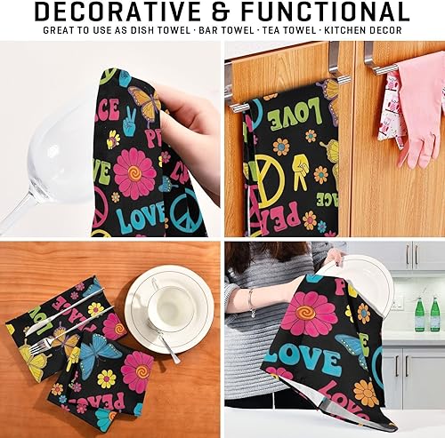 Miniatura 7 de GAIREG Retro Peace Flowers Black Kitchen Cleaning Towels, 28x18 Inch Bulk Restaurant Kitchen Towels, Set of 4