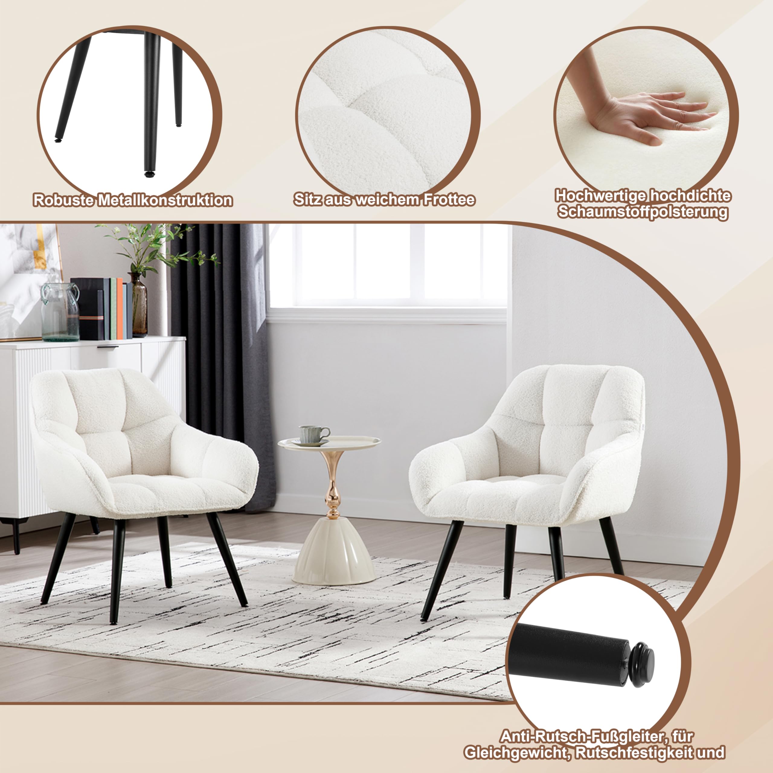 WOLTU Relaxsessel mit Polster, Weicher Schaumstoff, Metallbeinen, Creme | Ohrensessel modern, Lesesessel mit Frottee-Bezug, bis 150 kg, Sessel Wohnzimmer, Schlafzimmer, Wohnzimmer, Balkon