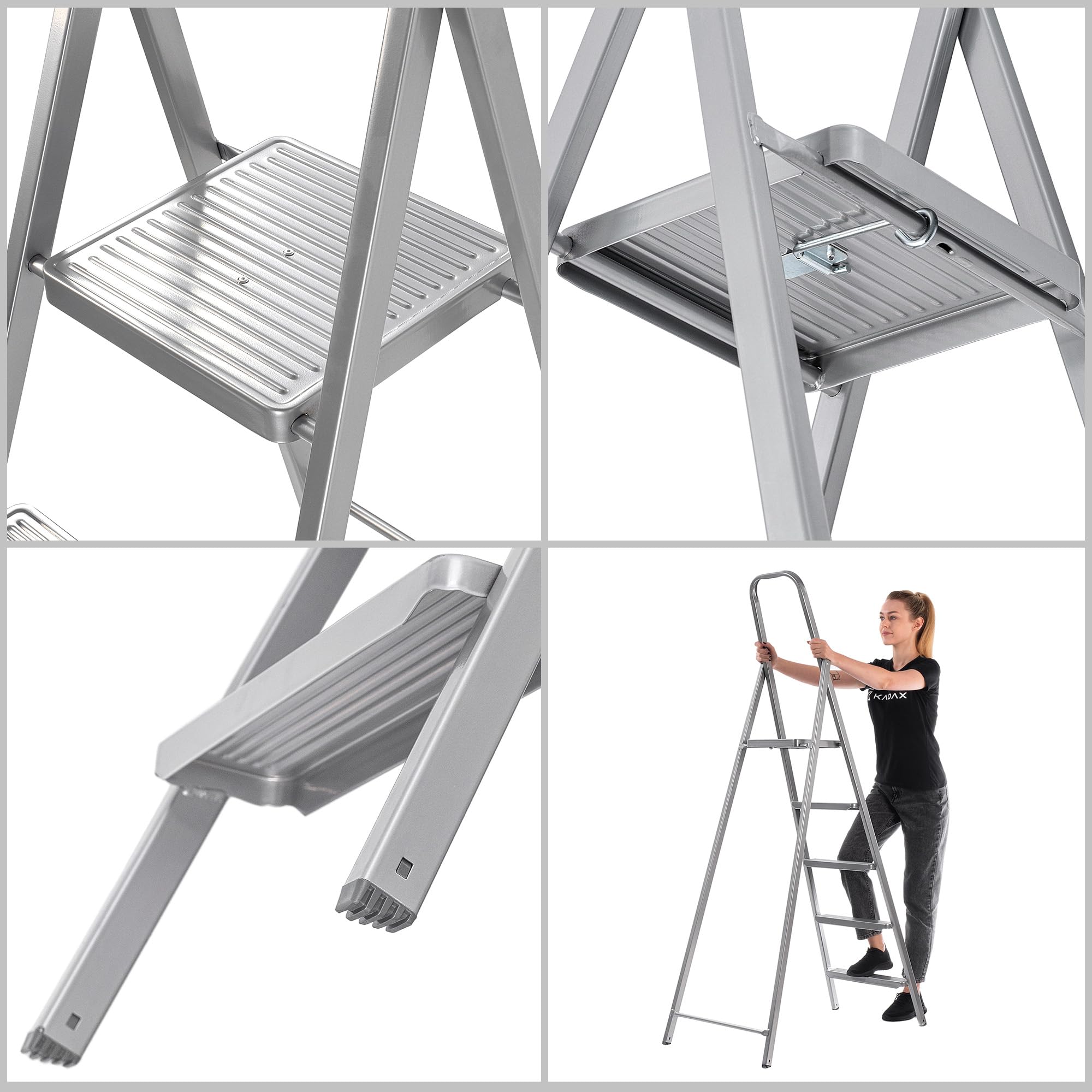 KADAX Escalera de acero de un solo lado con pies antideslizantes, escalera de tijera, escalera con estante, escalera de tijera, escalera plegable, escalera doméstica con peldaños anchos (5 peldaños)